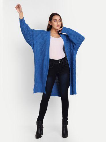 Blue Ribbed Knit Loose Fit Front Open Midi Cardigan