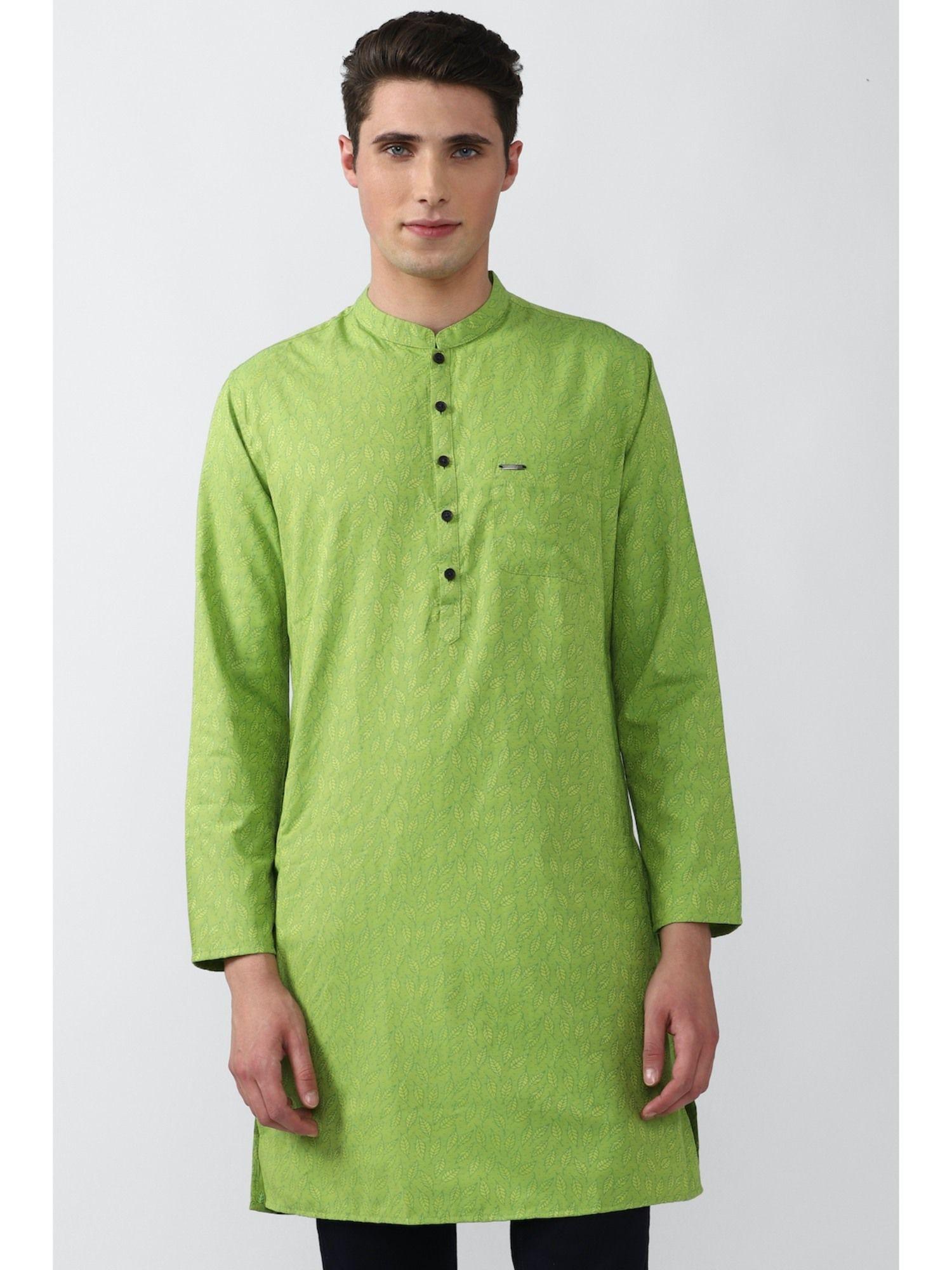 men-green-print-casual-kurta