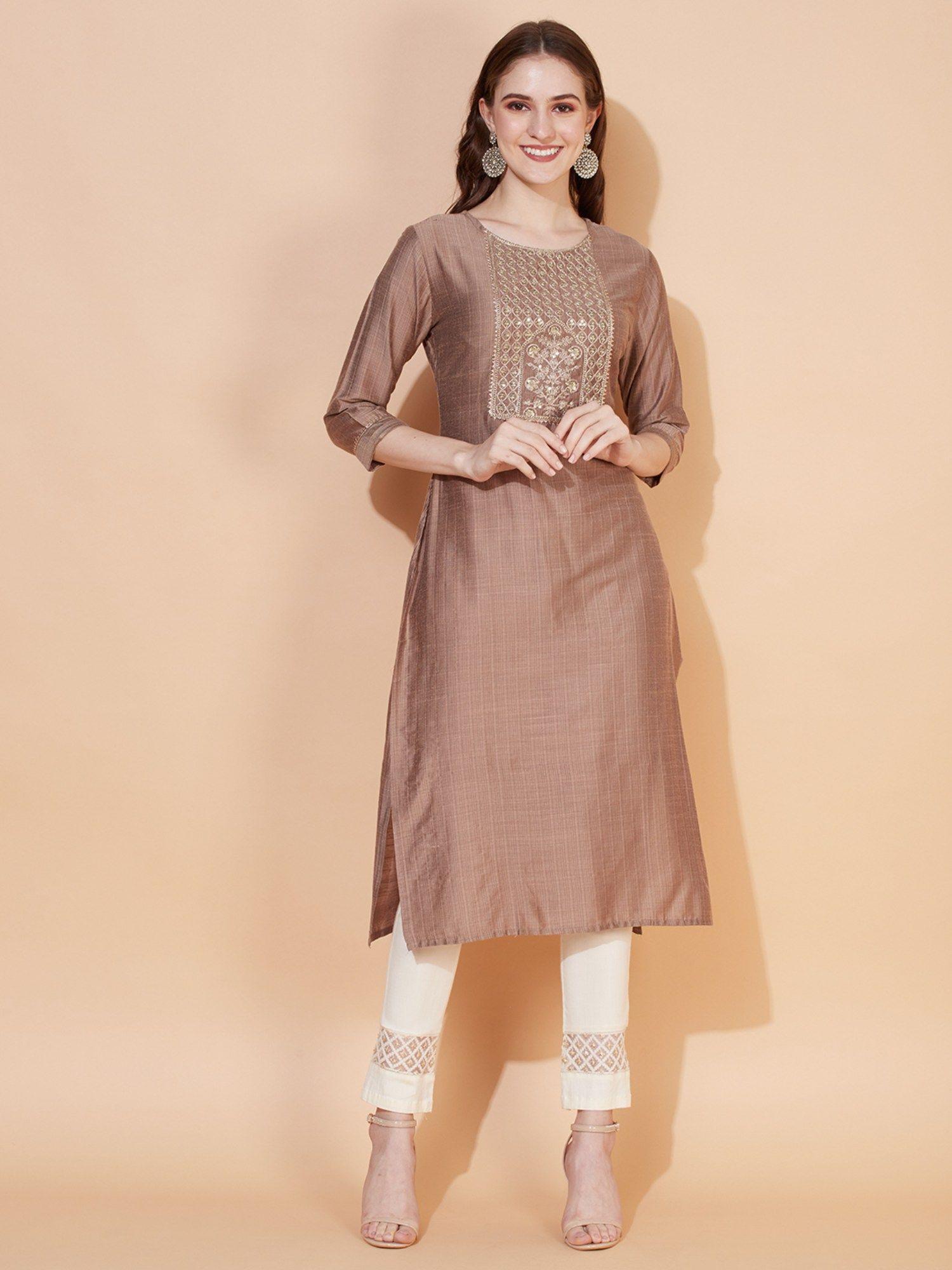 Ethnic Stripes Printed and Embroidered Straight Fit Kurta - Brown