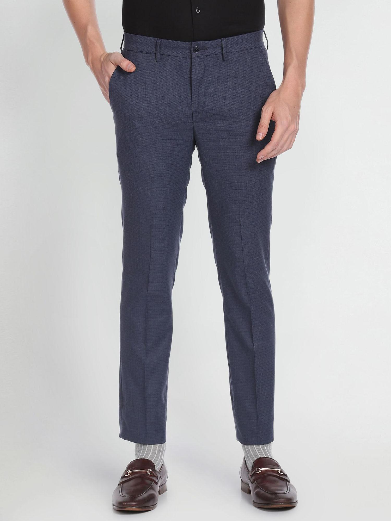 Men Navy Blue Smart Flex Self Design Formal Trouser