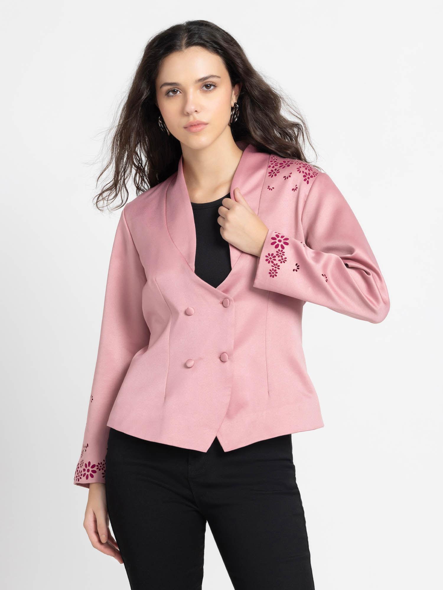 Shawl Lapel Pink Solid Full Sleeves Casual Blazer For Women