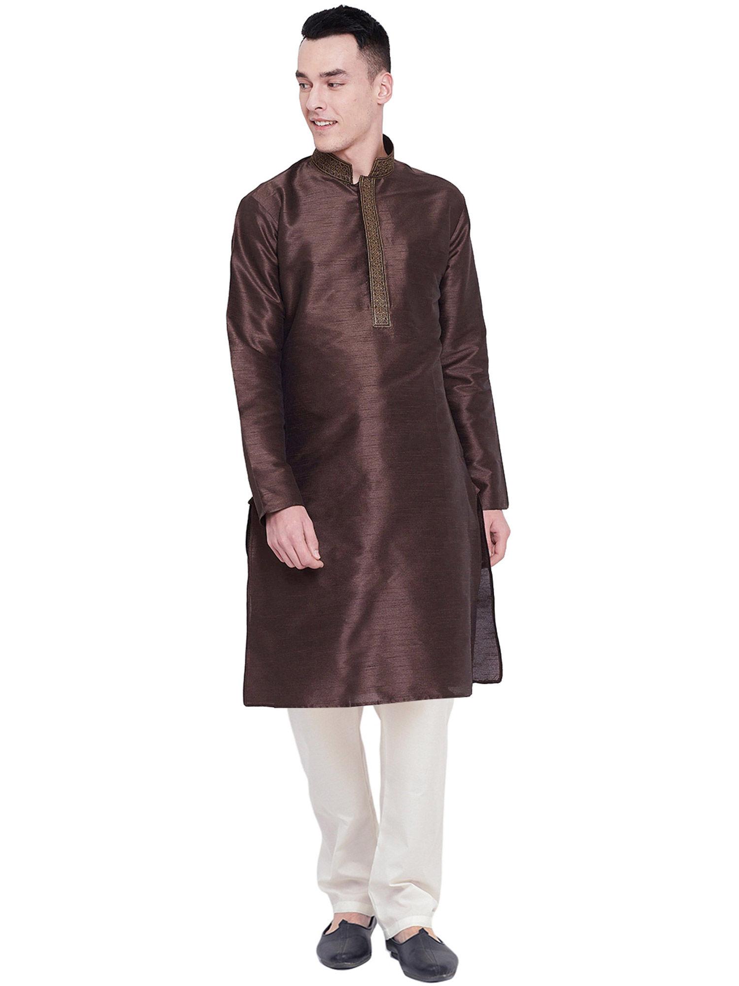 Brown Embroidered Kurta For Men (Set of 2)