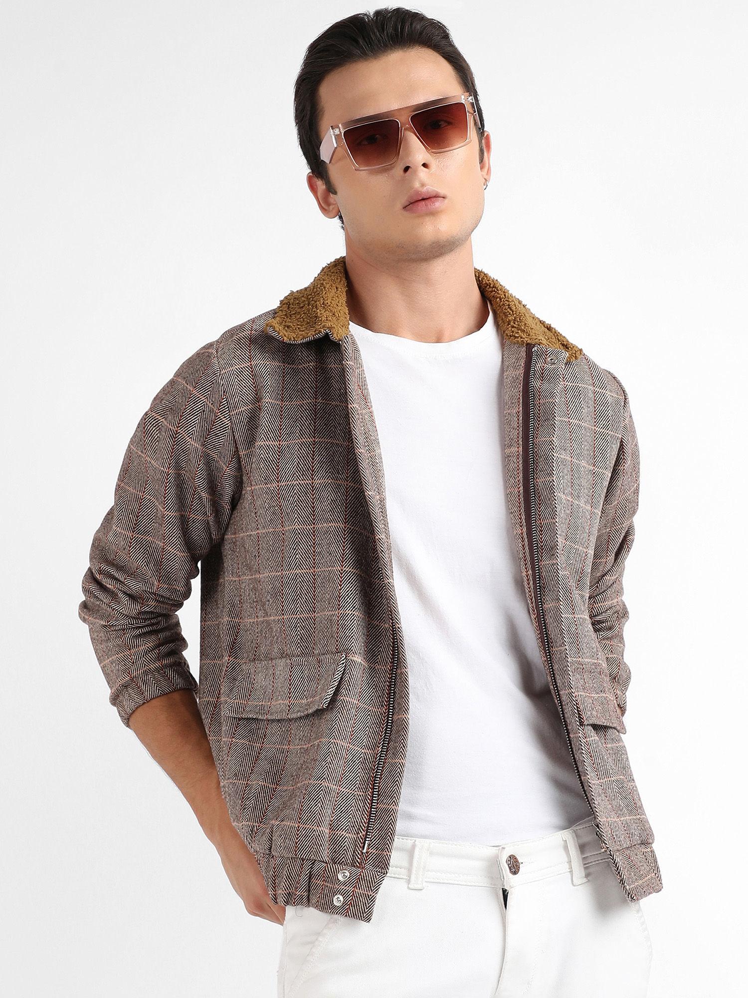 men-brown-tartan-plaid-jacket-with-fleece-collar
