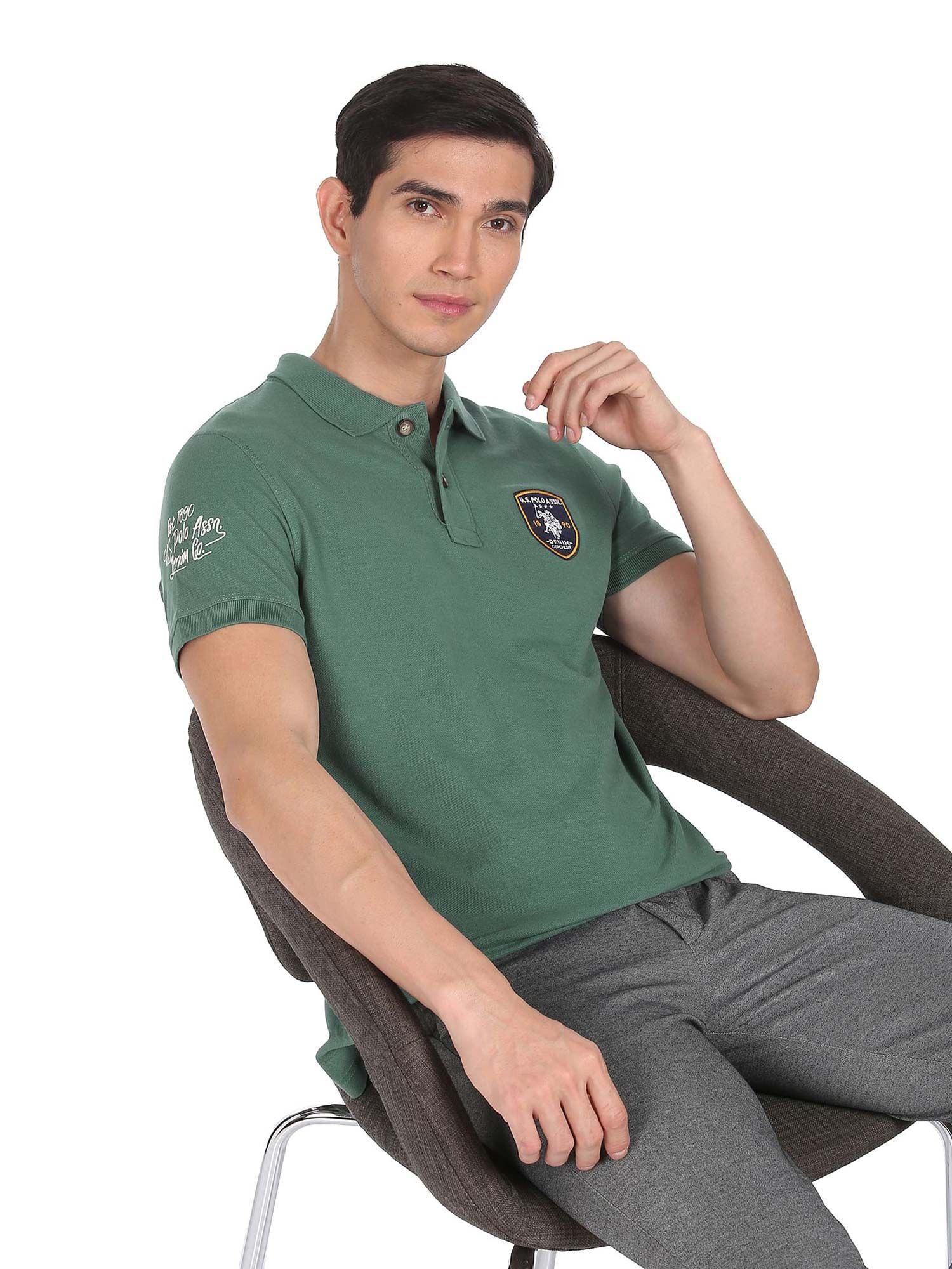 Men Green Cotton Logo Polo T-Shirt