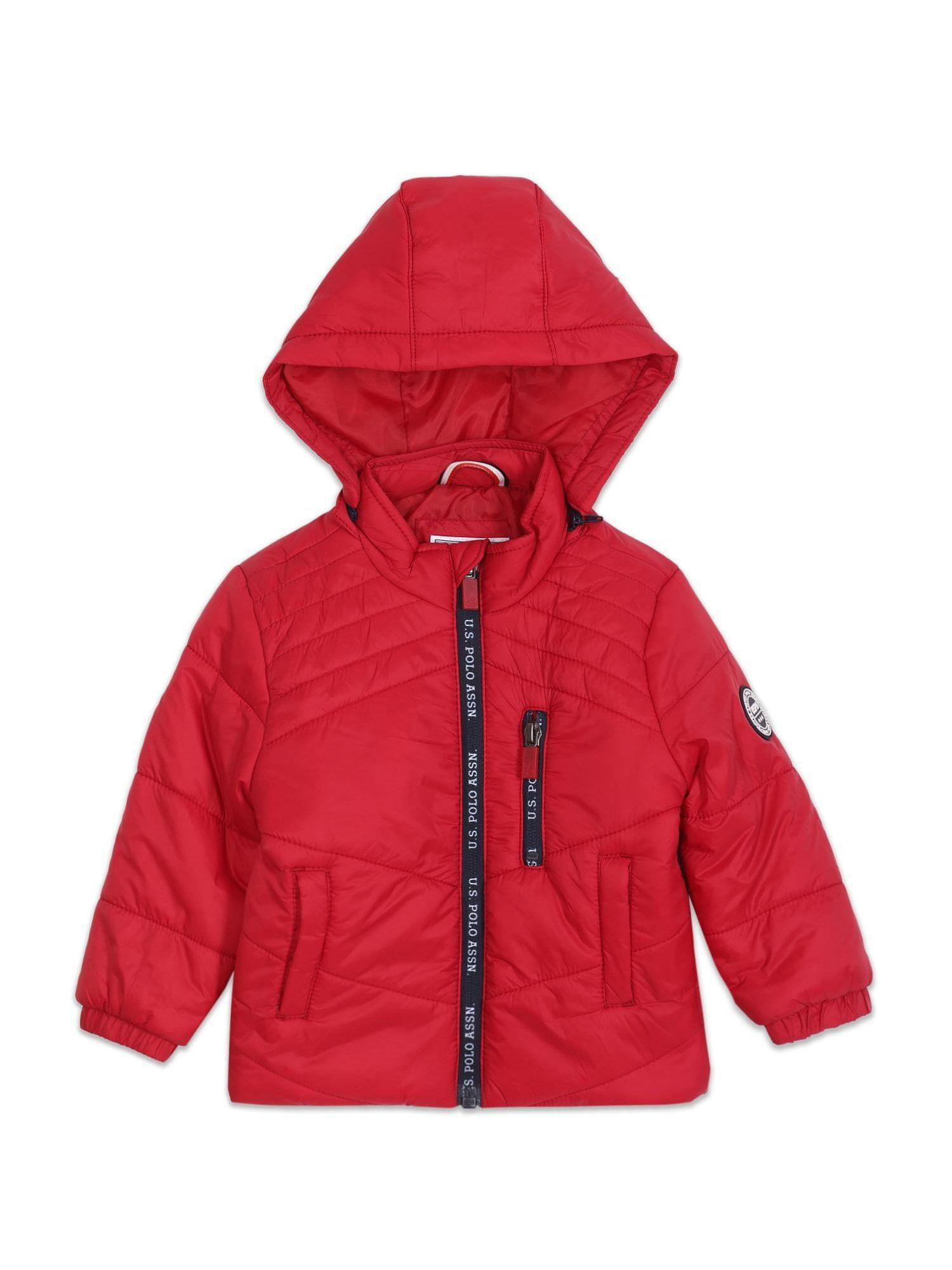 Boys Red Detachable Hood Solid Padded Jacket