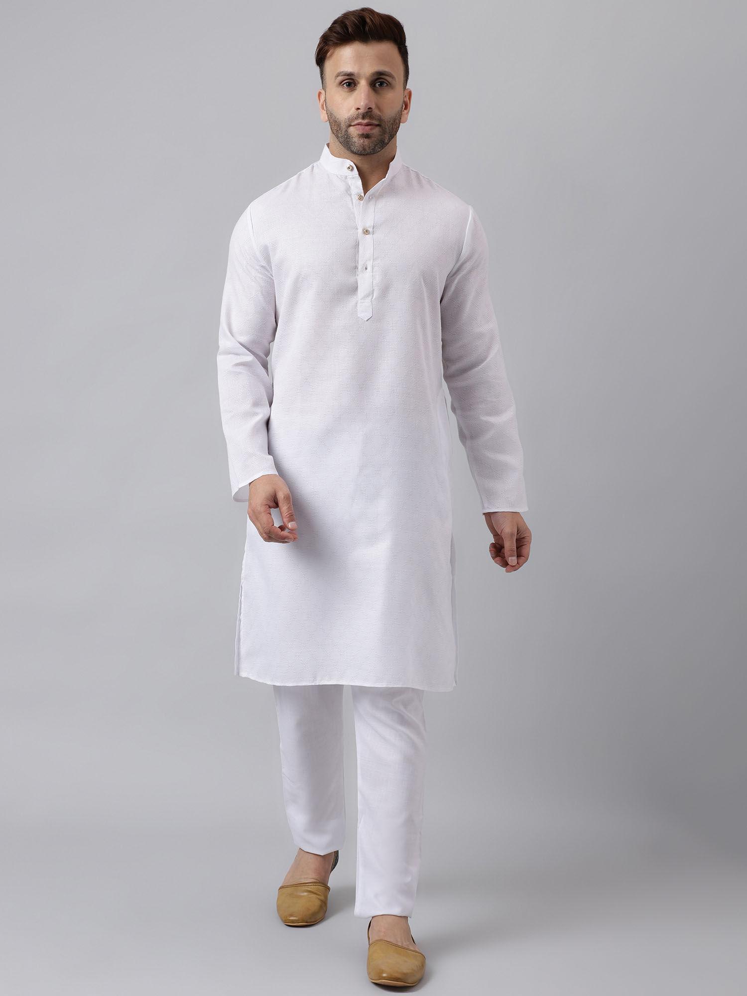 Men Partywear Jacquard White Kurta Pyjama (Set of 2)