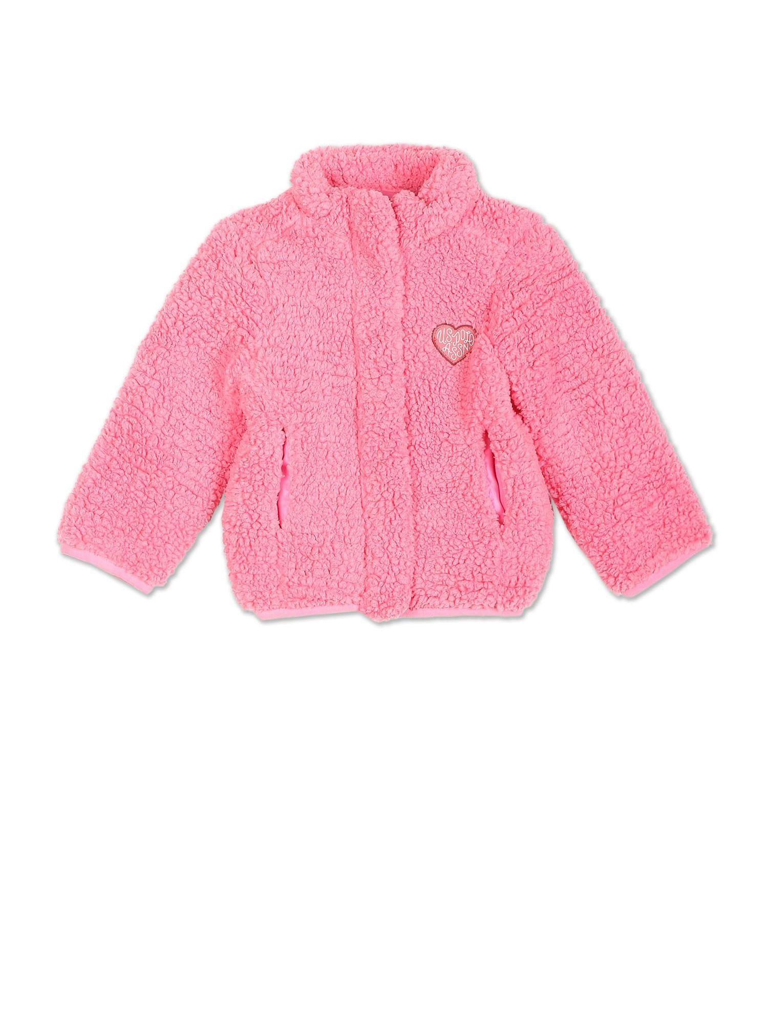 Girls Pink Stand Collar Self Design Sherpa Jacket