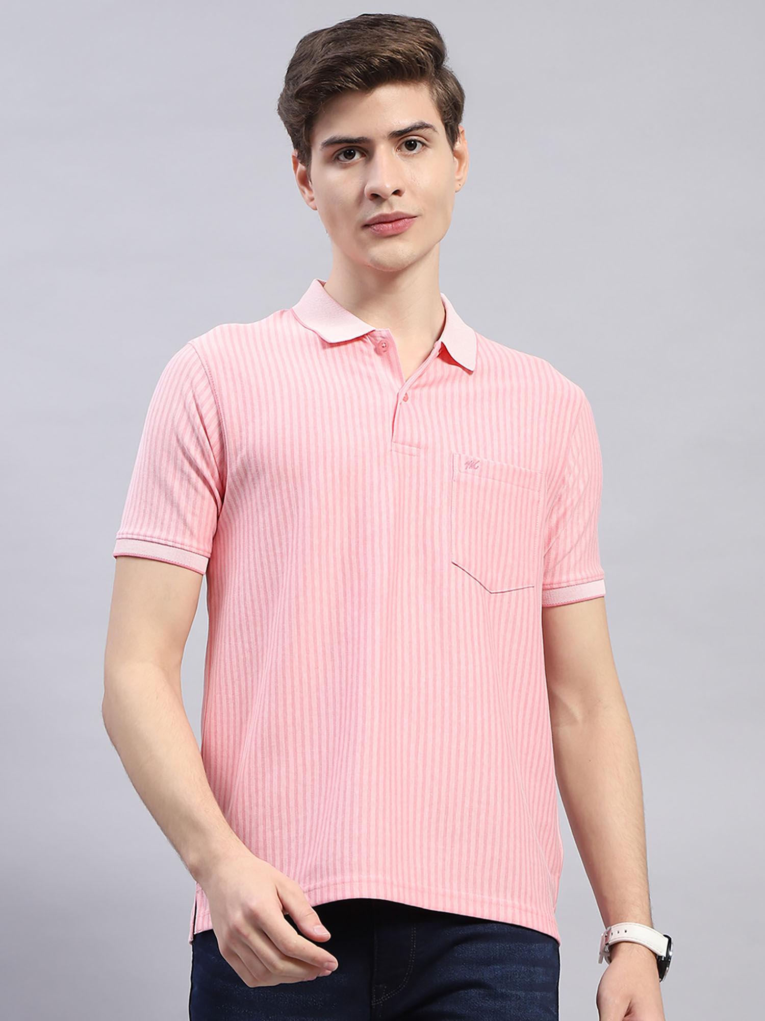 Mens Pink Striped Half Sleeve Polo Collar T-Shirt