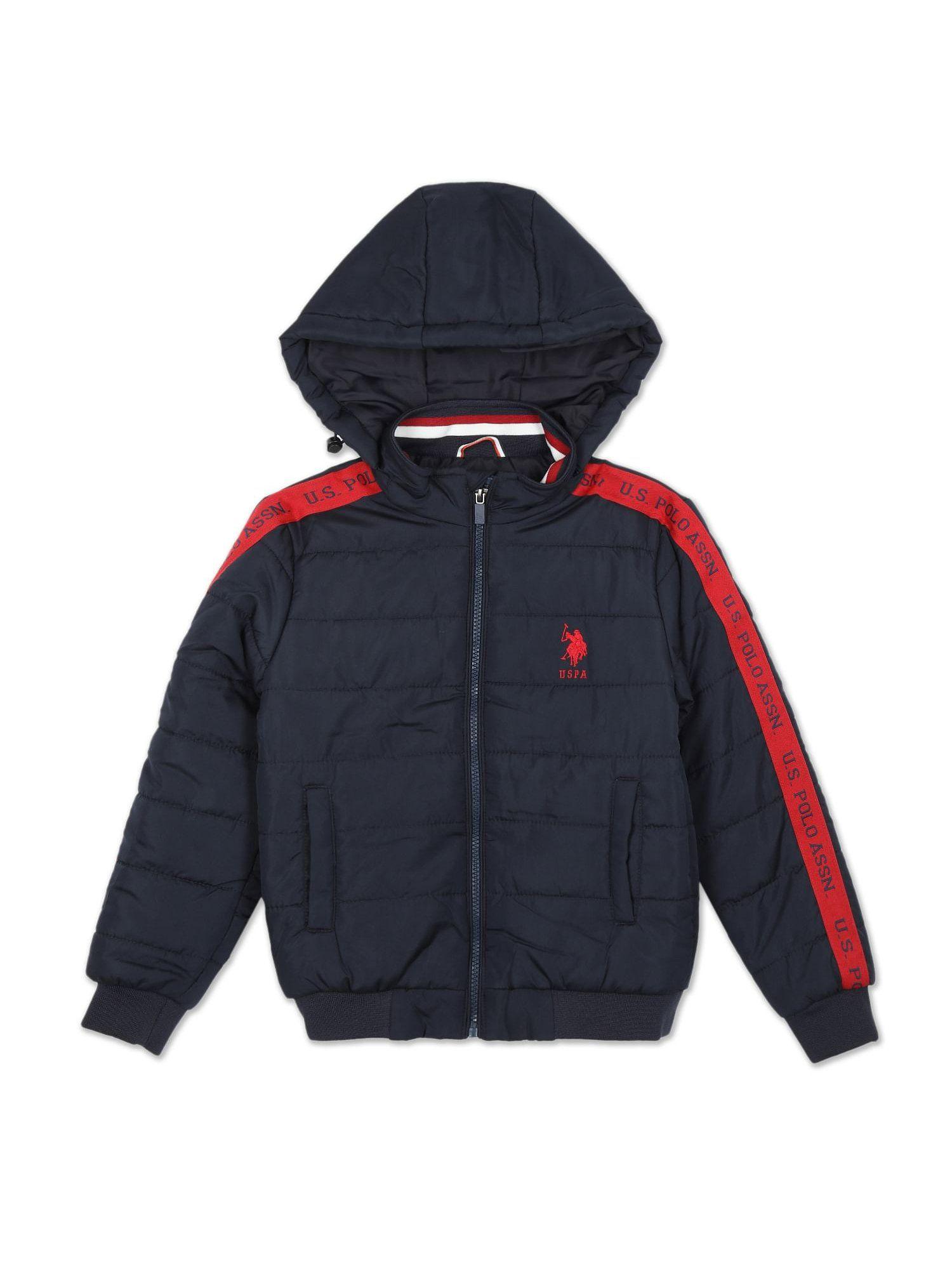 Boys Navy Brand Taped Detachable Hood Padded Jacket