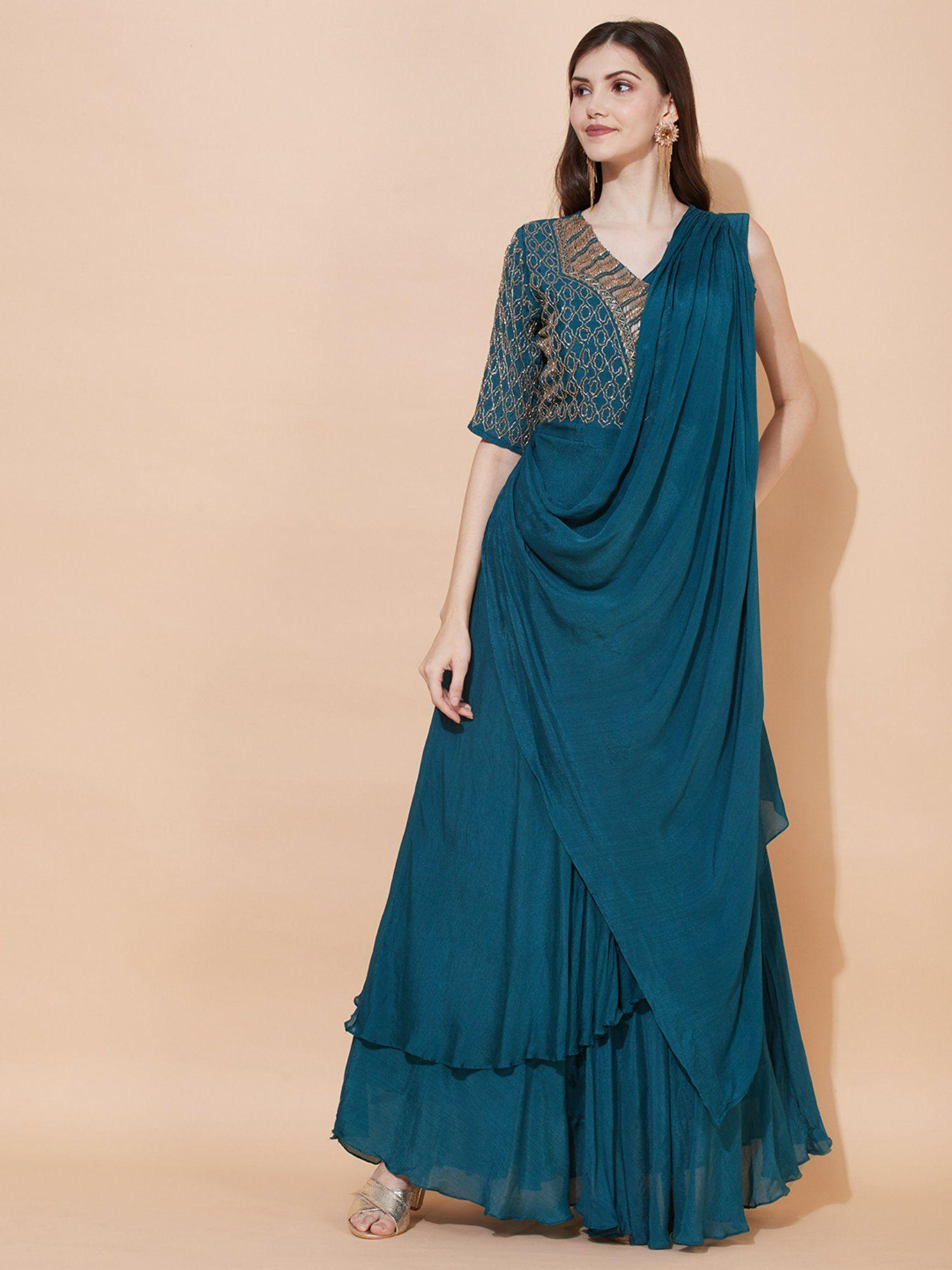 Ethnic Hand Embroidered Layered Flared Maxi Dress - Teal