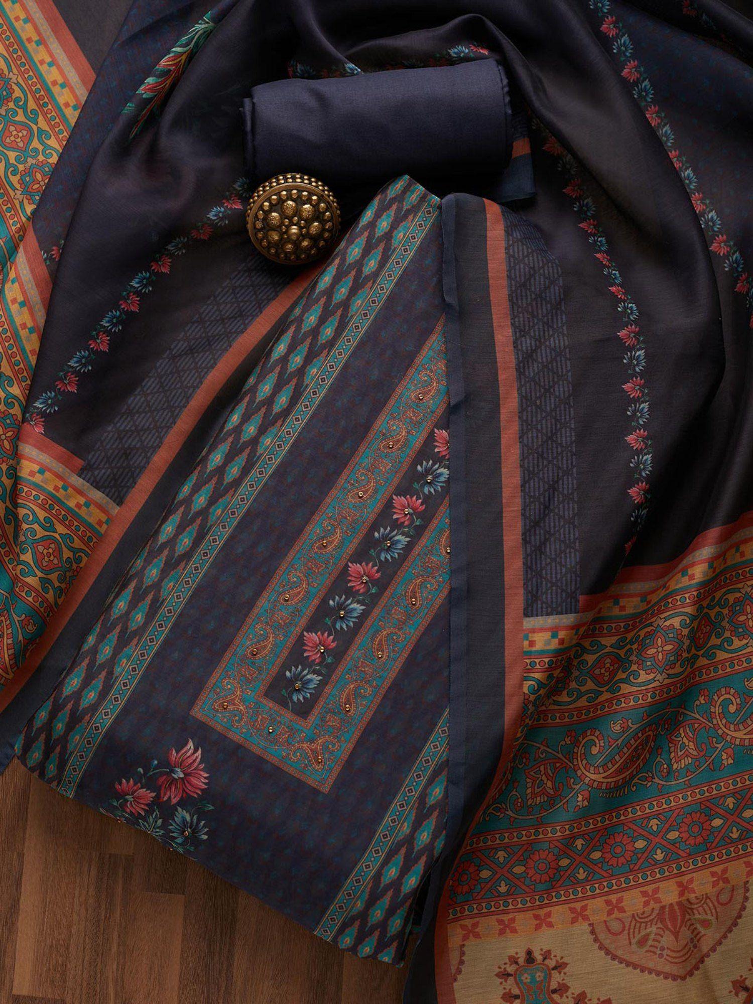Peacock Blue Printed Semi Crepe Semi-Stitched Salwar Suit