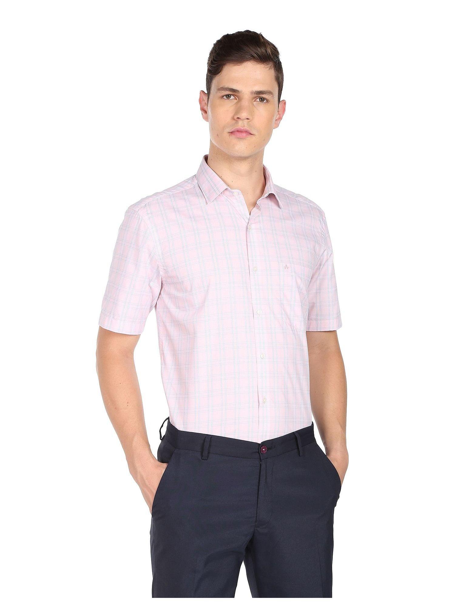 men-light-pink-tartan-check-short-sleeve-formal-shirt