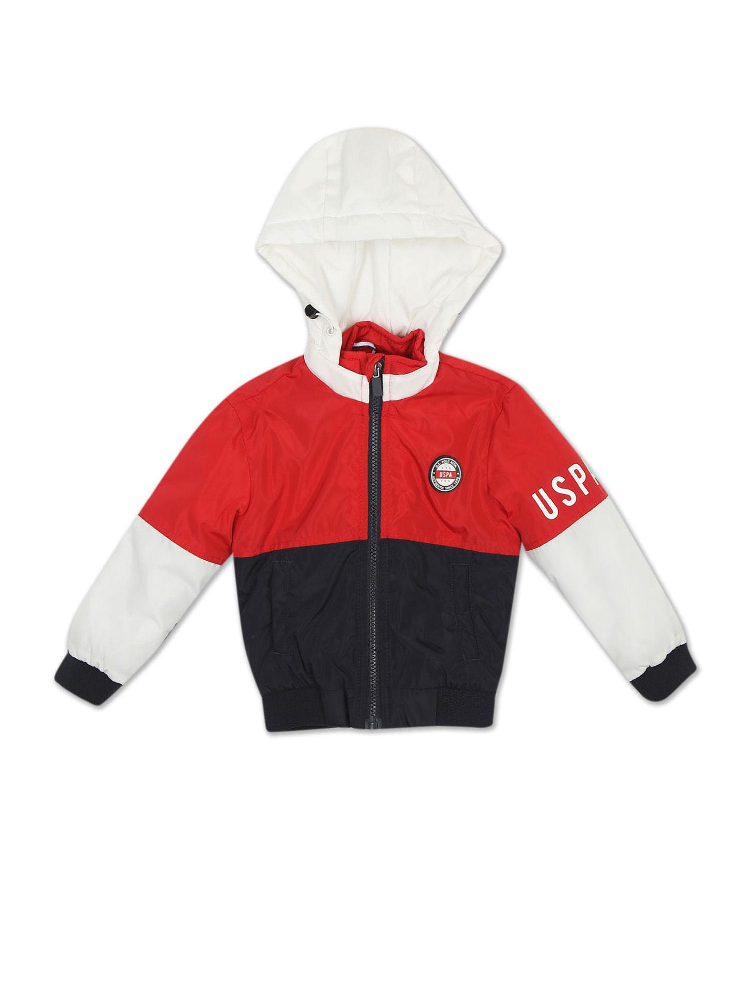 Boys Red and Navy Colour Block Hooded Jacket