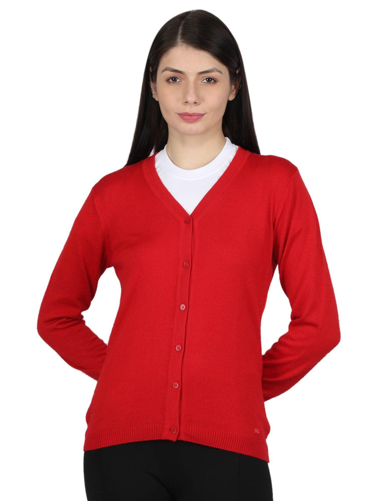 Womens Modal Nylon Red Solid V Neck Cardigan