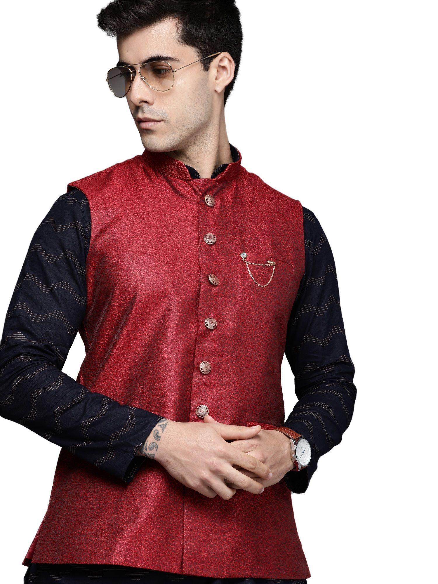 Maroon Art Silk Festive Jacquard Nehru Jacket