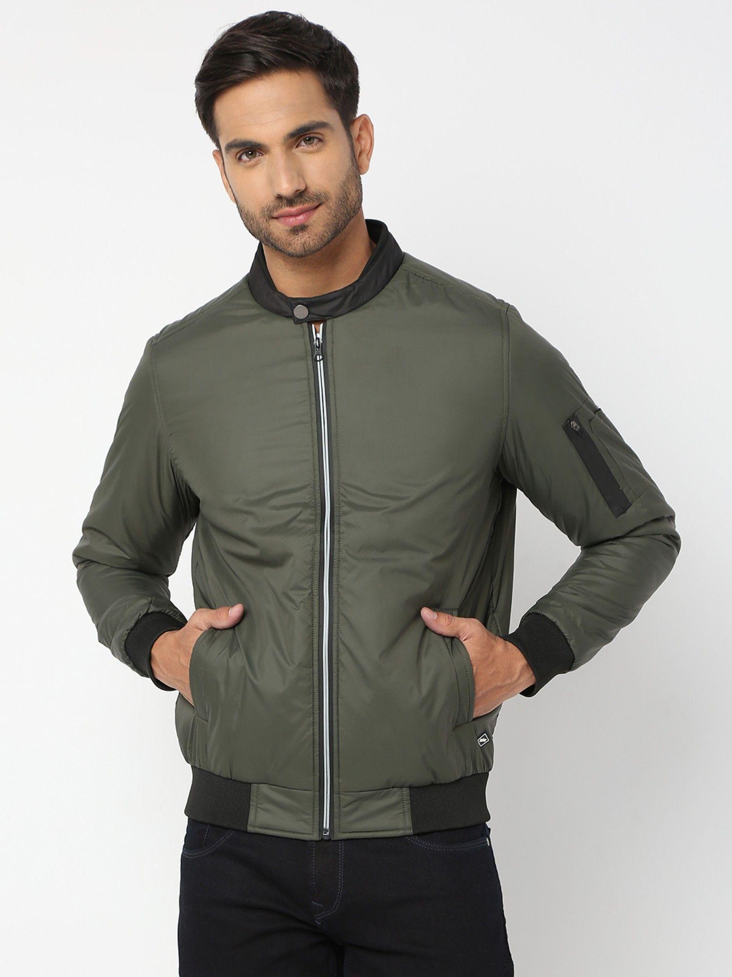men-olive-nylon-regular-fit-jacket