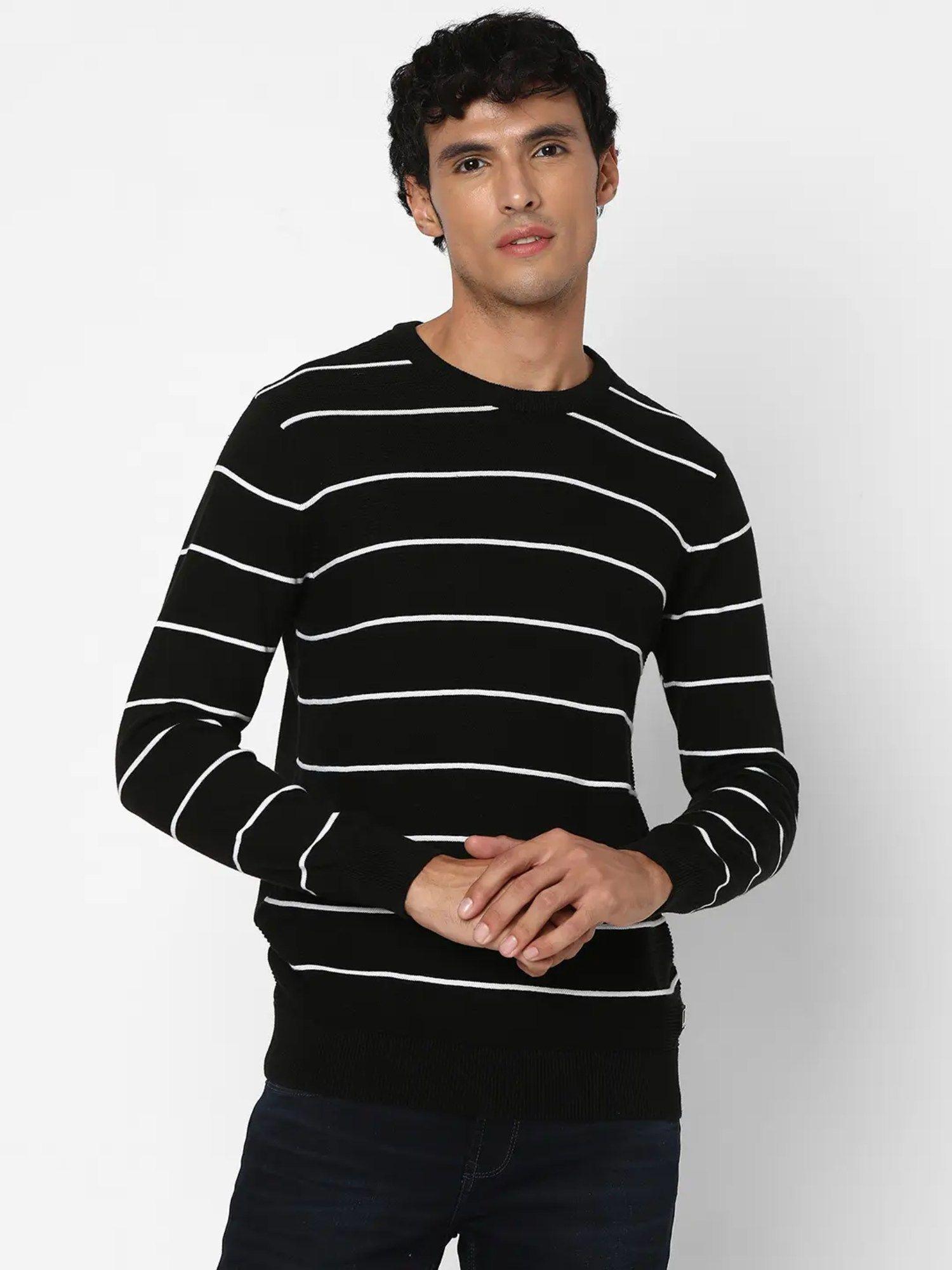 Men Black Cotton Regular Fit Full Sleeve Round Neck Striped Sweater