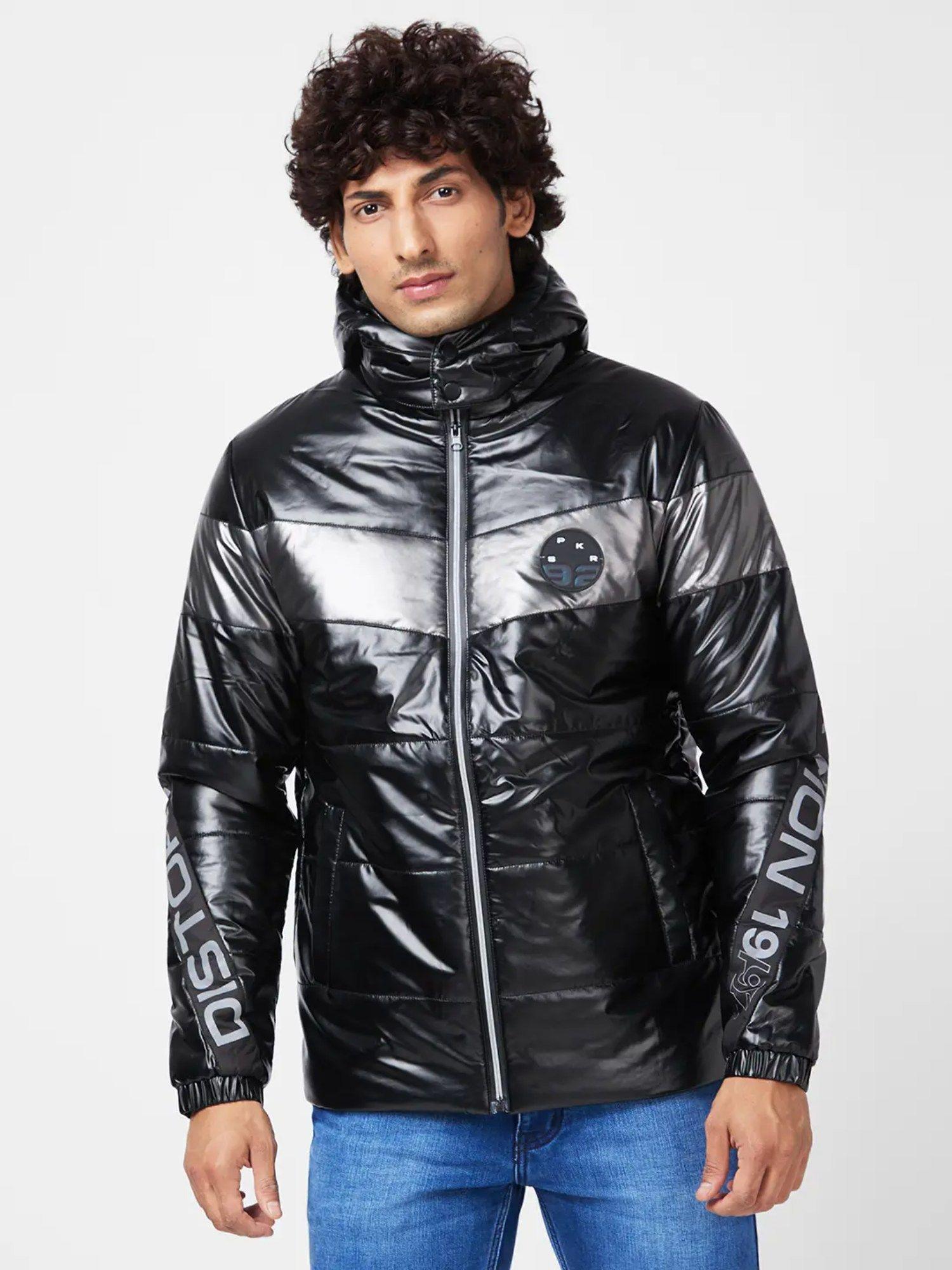 Men Jet Black Nylon Straight Fit Full Sleeve Plain Hooded Puffer Jacket