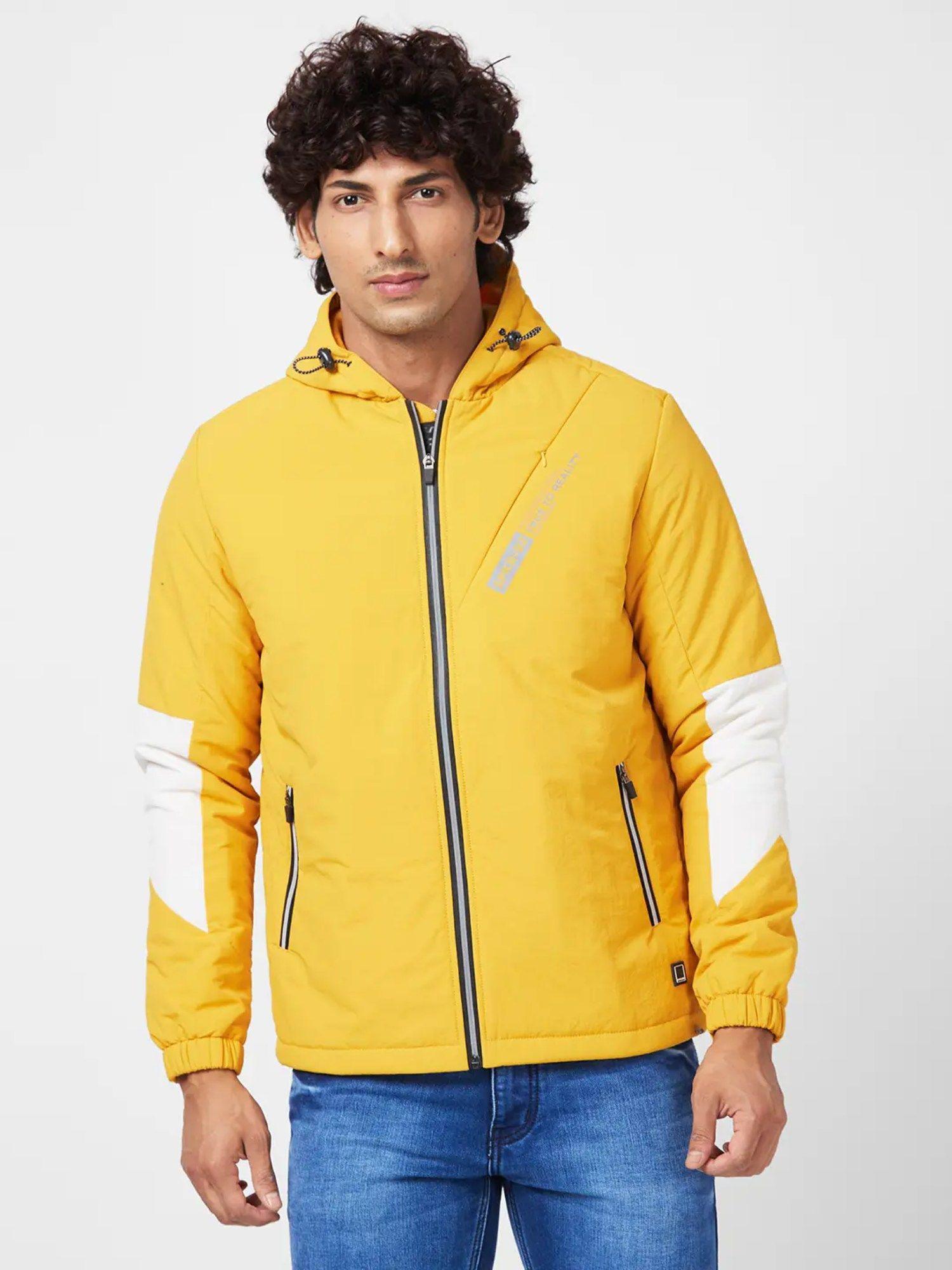 Men Amber Yellow Polyester Straight Fit Full Sleeve Plain Hooded Jacket