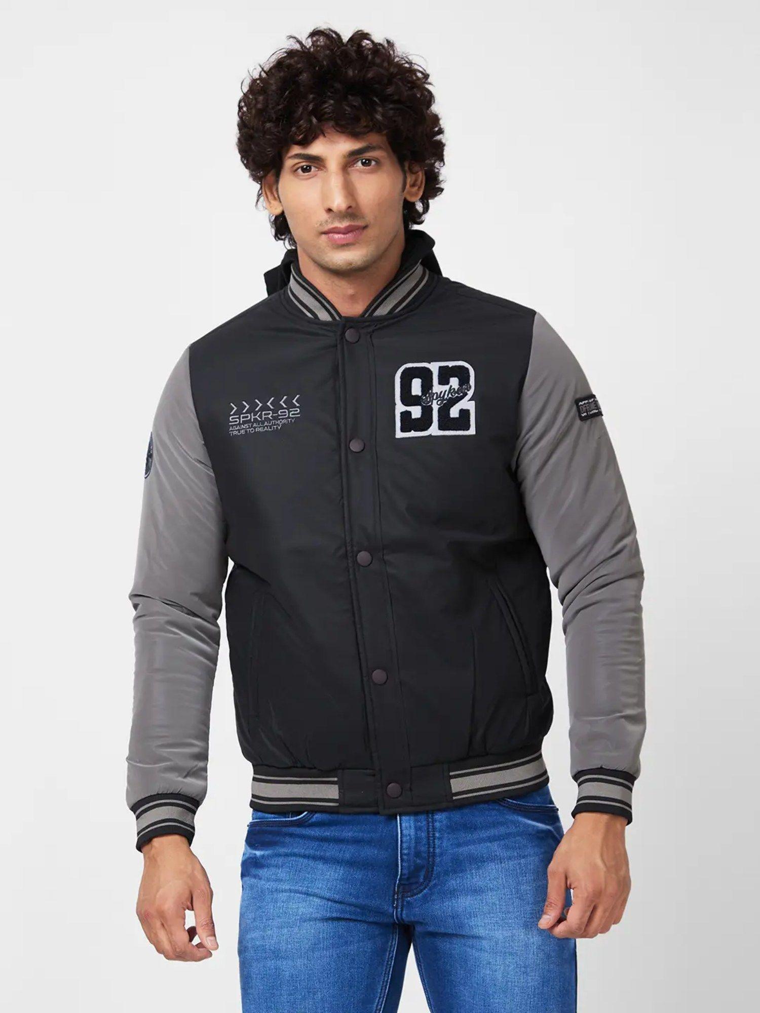 Men Jet Black Straight Fit Full Sleeve Embroidered Hooded Casual Jacket