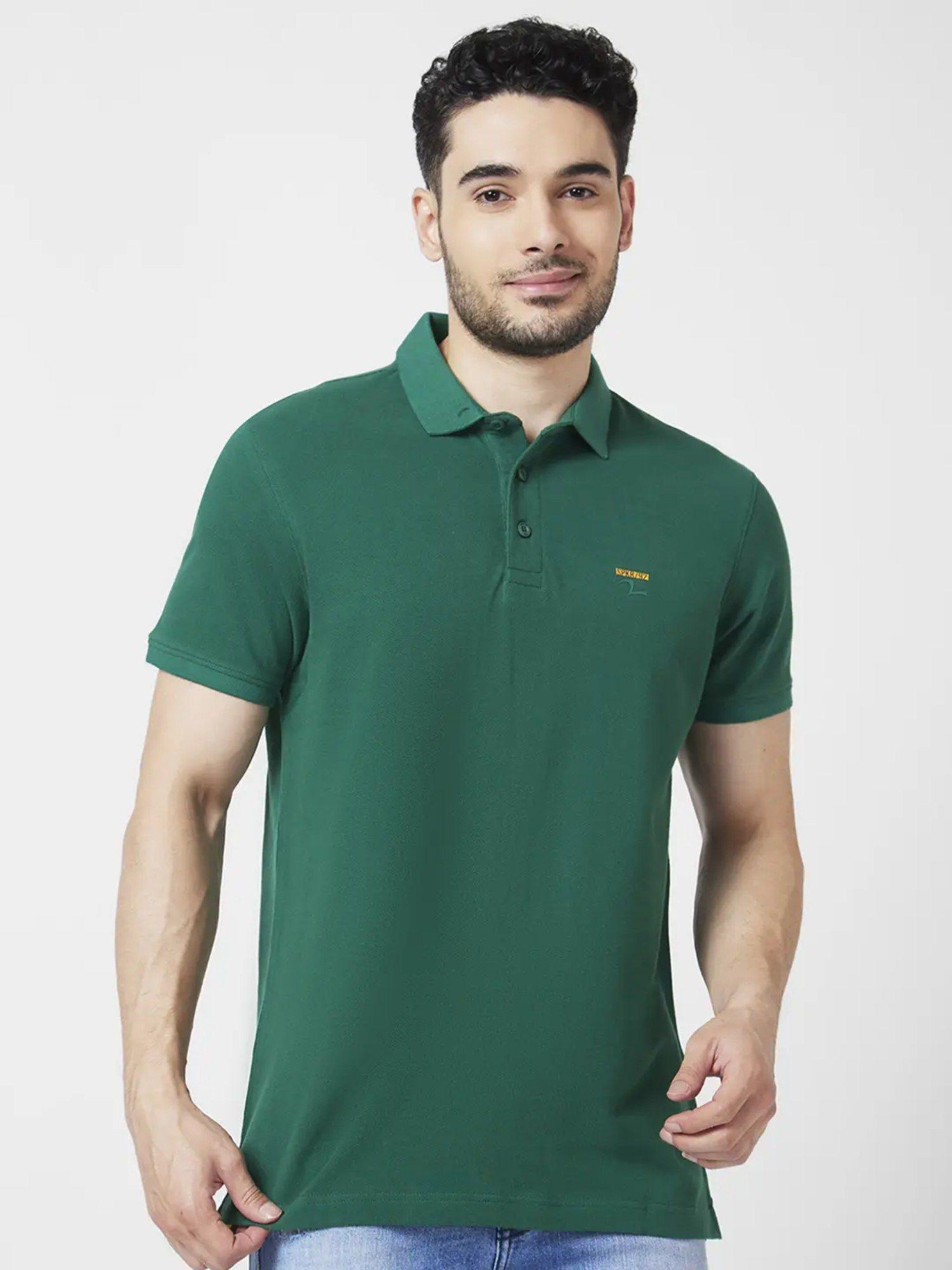 Men Dark Green Cotton Slim Fit Half Sleeve Collar Neck Plain Polo T-shirt