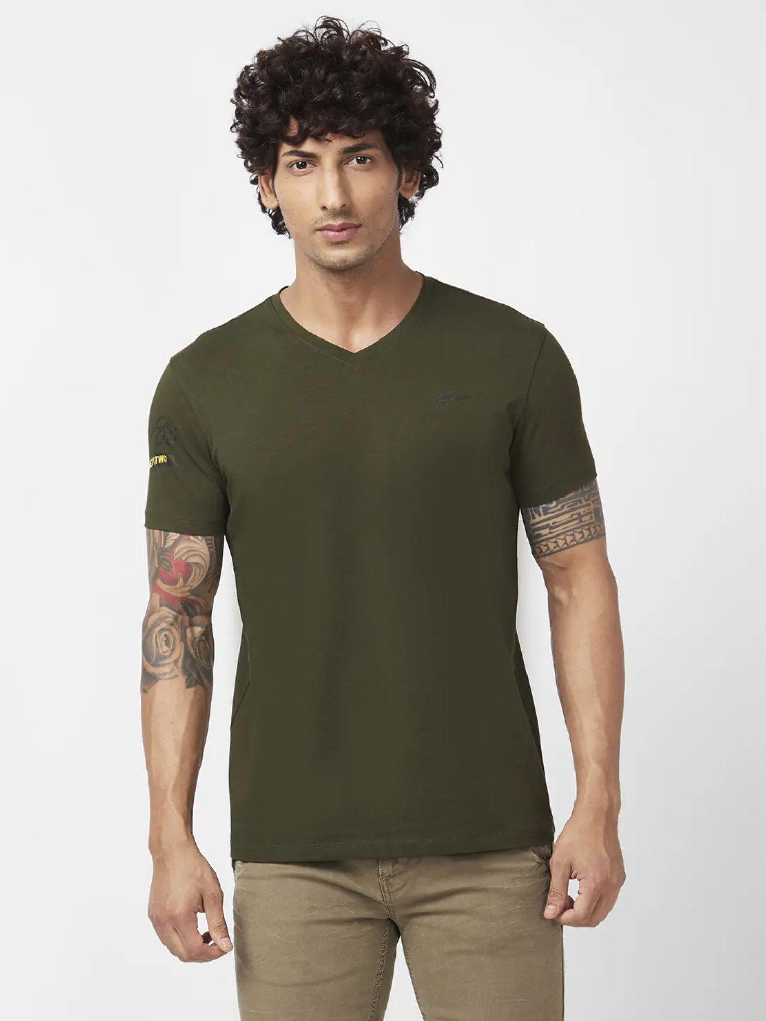 Men Rifle Olive Blended Slim Fit Half Sleeve V-neck Plain T-shirt