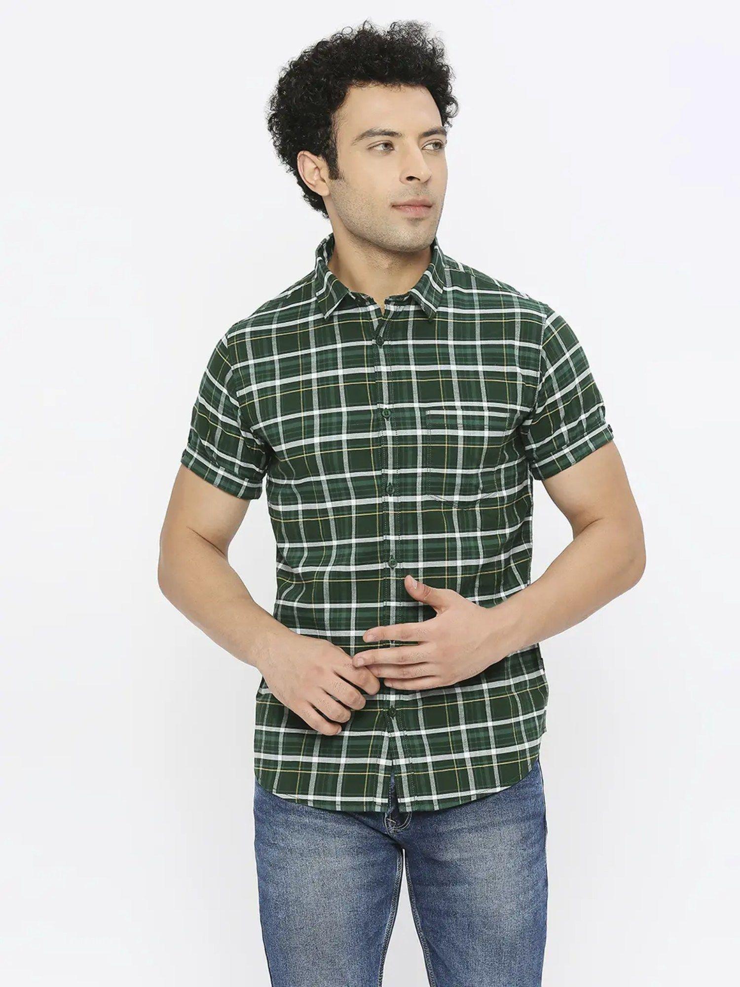 men-dark-green-cotton-regular-slim-fit-half-sleeve-casual-checks-shirt