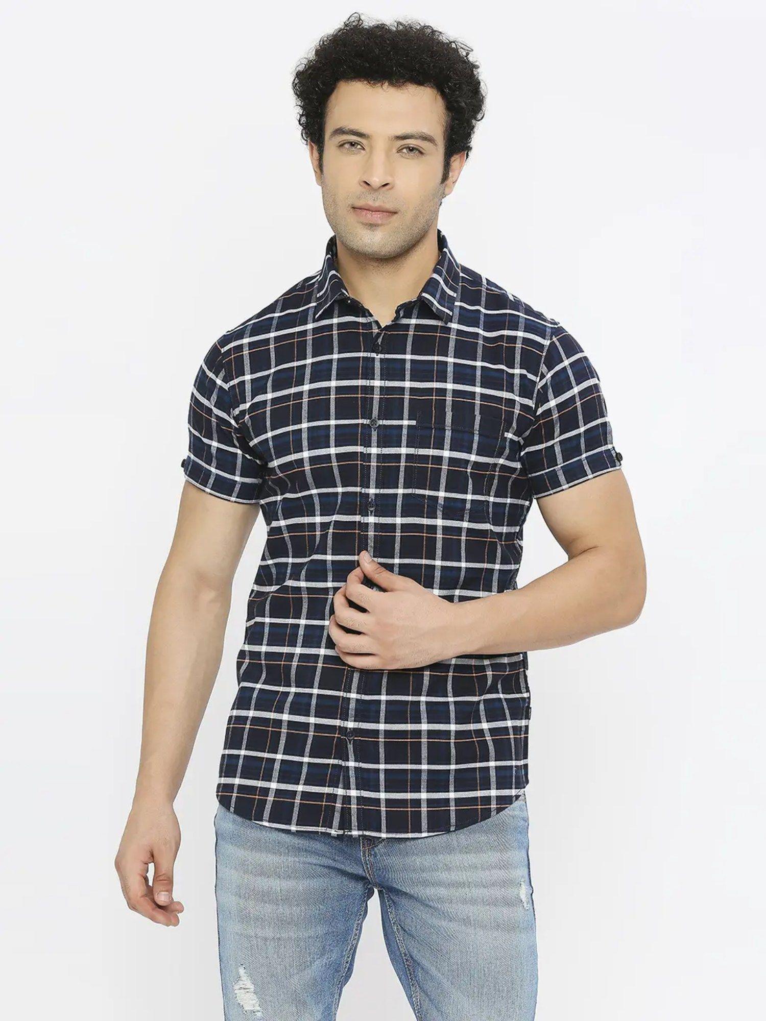 men-navy-blue-cotton-regular-slim-fit-half-sleeve-checks-shirt