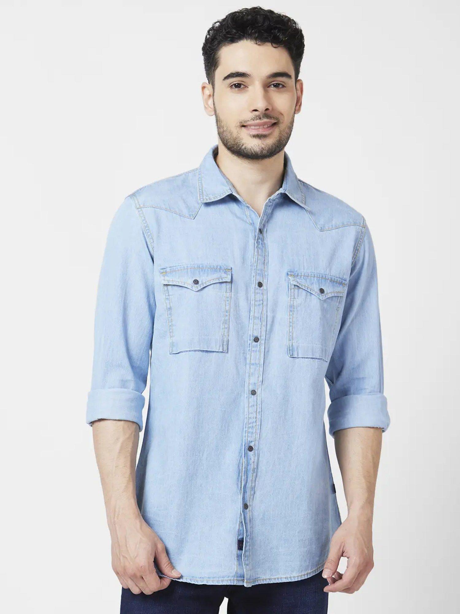 Men Light Blue Cotton Regular Slim Fit Full Sleeve Denim Shirt