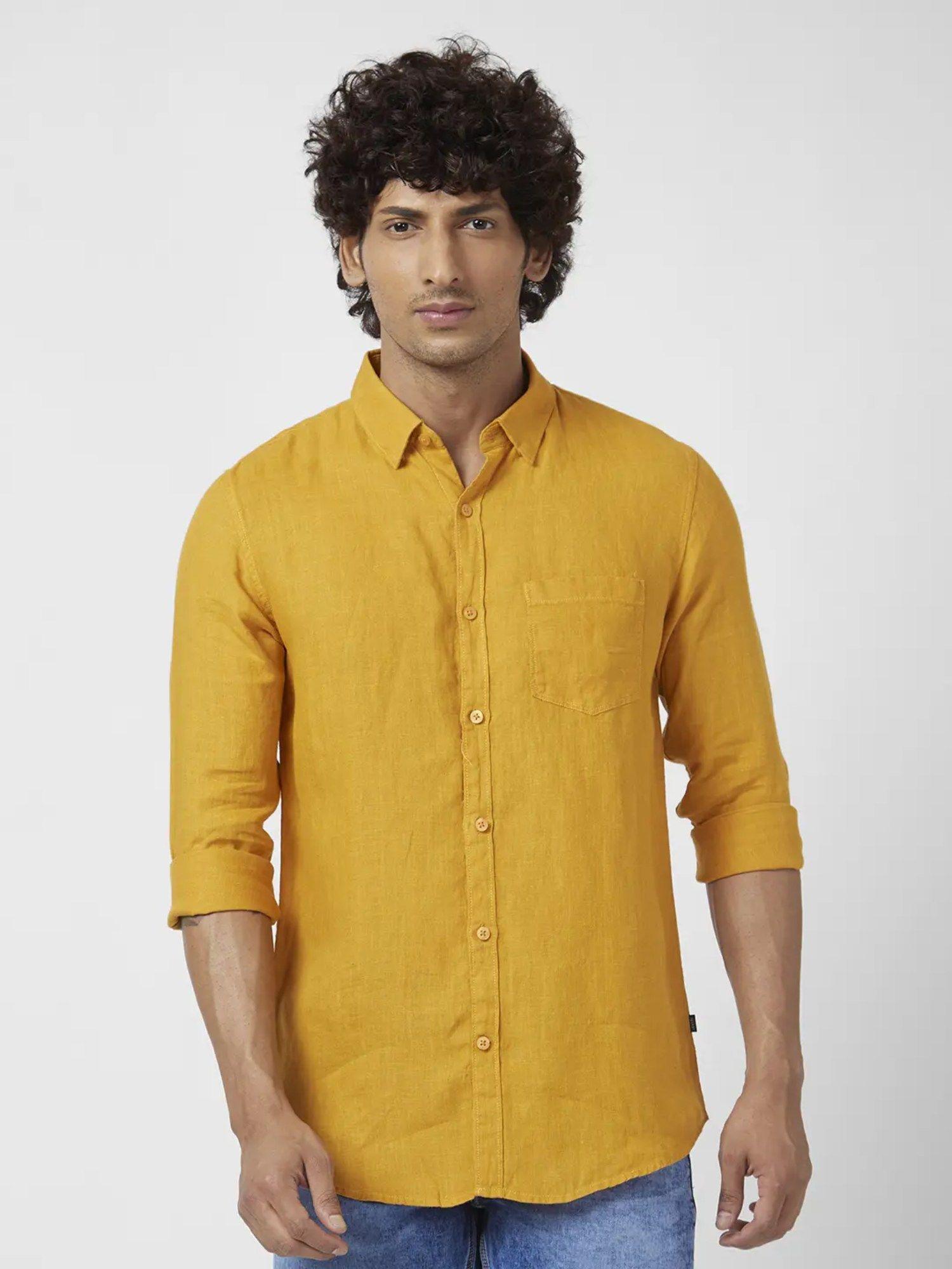 Men Mustard Linen Regular Slim Fit Full Sleeve Plain Shirt