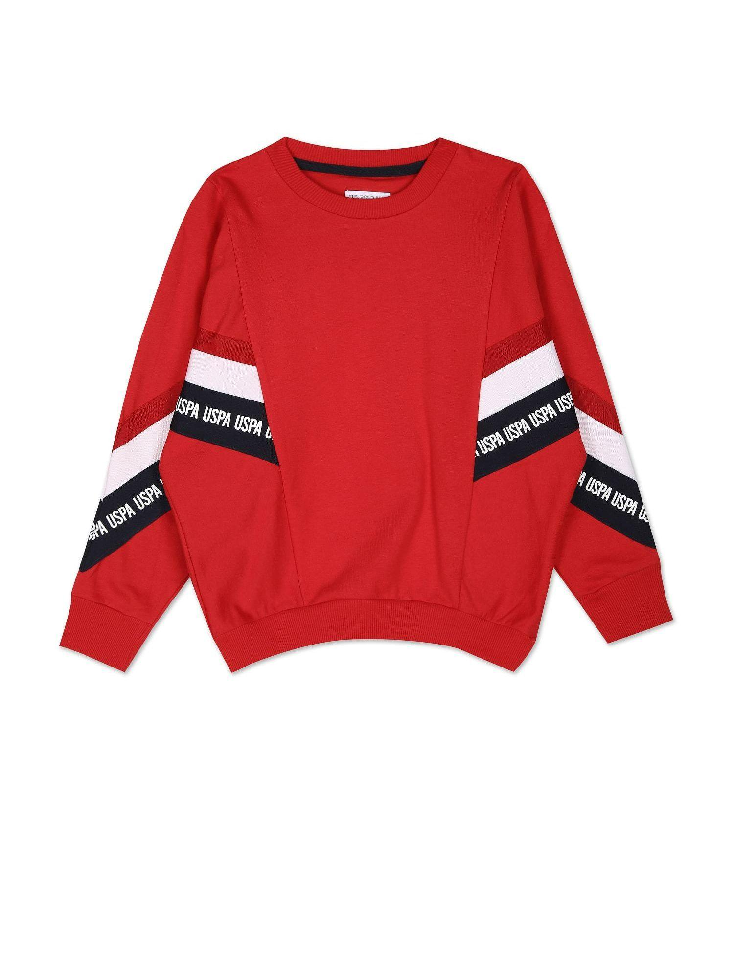 Men Red Crew Neck Brand Taped Panelled Sweatshirt