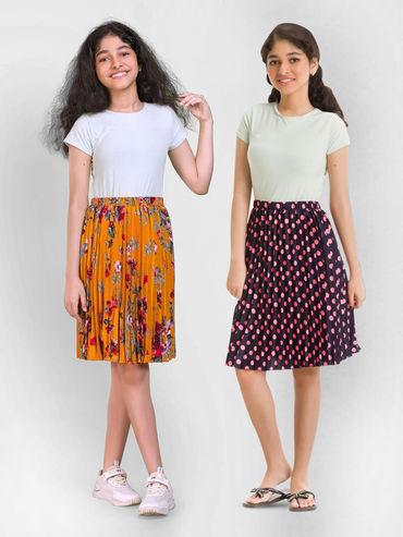 Girls Printed Pleated Knee Length Skirt Combo Multi (Set of 2)