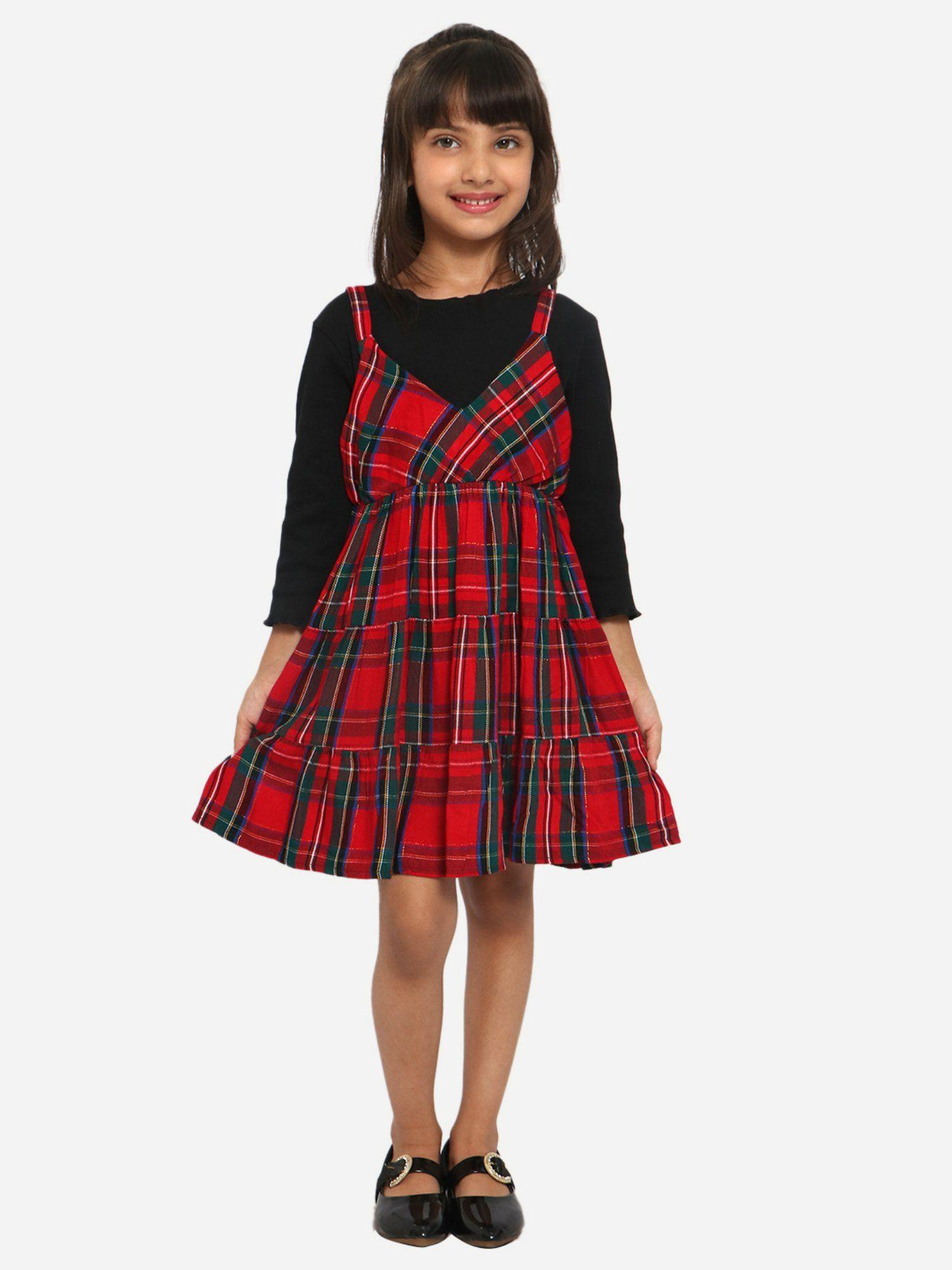 Girls Red Black Checked Pure Cotton Pinafore Dress with Attached Top