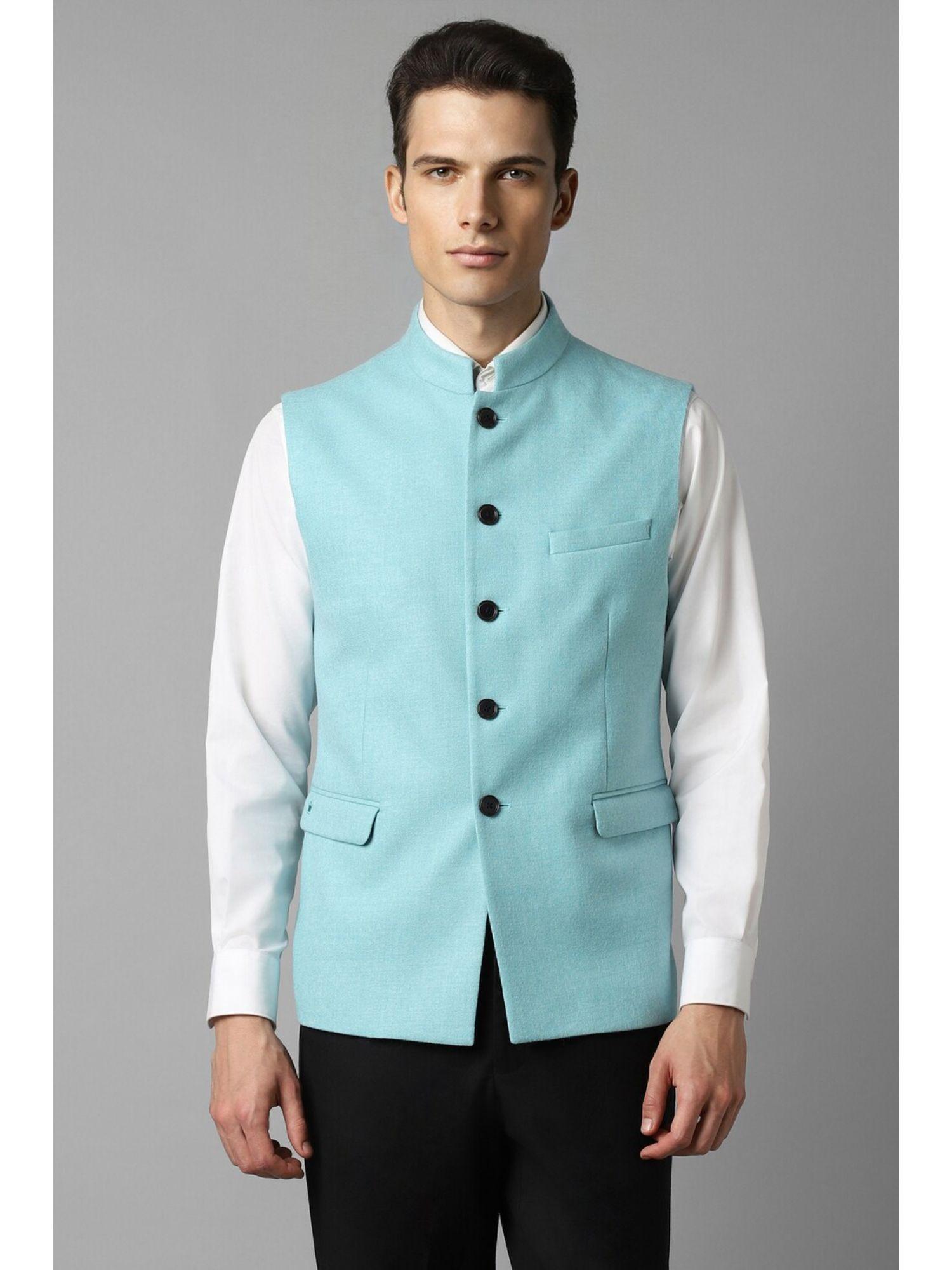 Men Blue Solid Slim Fit Party Nehru Jacket