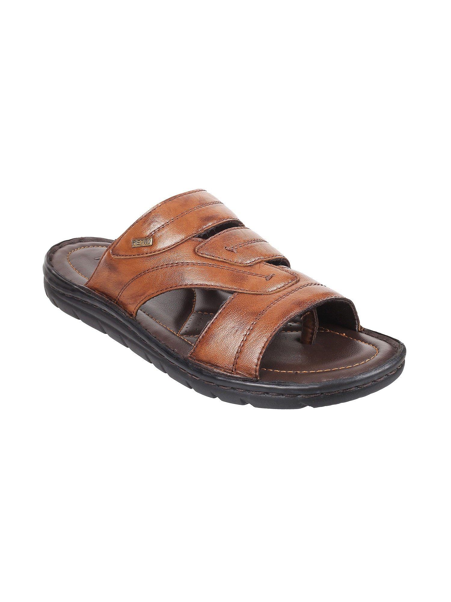 Mens Tan Flat ChappalsMetro Mens Tan Leather Solid-plain Sandals