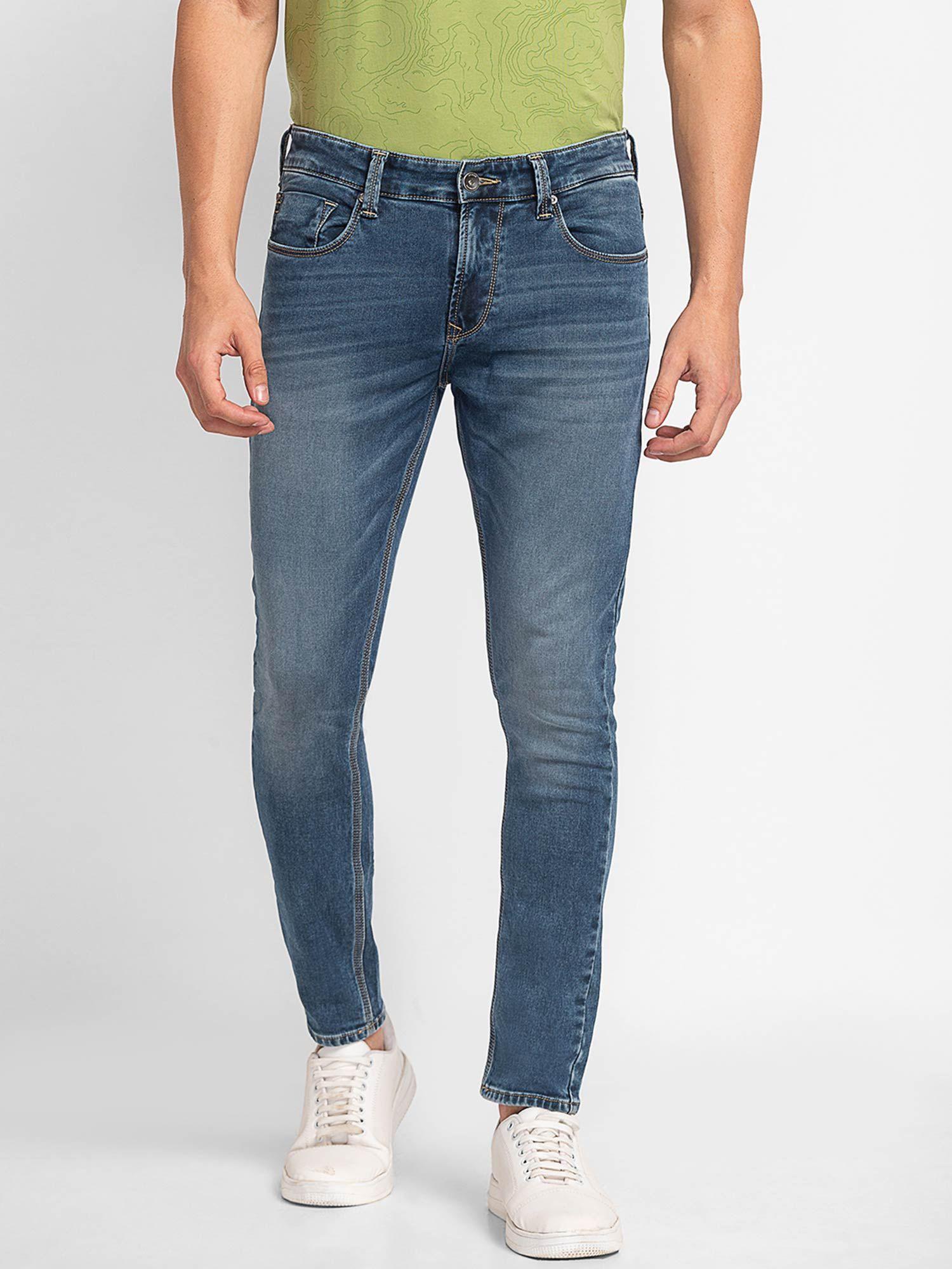 Mid Blue Cotton Slim Fit Tapered Length Jeans for Men (kano)