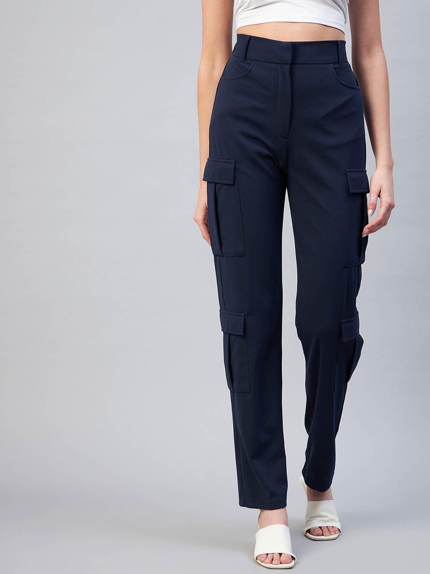 Women Casual Navy Blue Solid Cargos Trouser