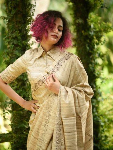 Tussar Silk Beige Coloured Handwoven Stitched Blouse