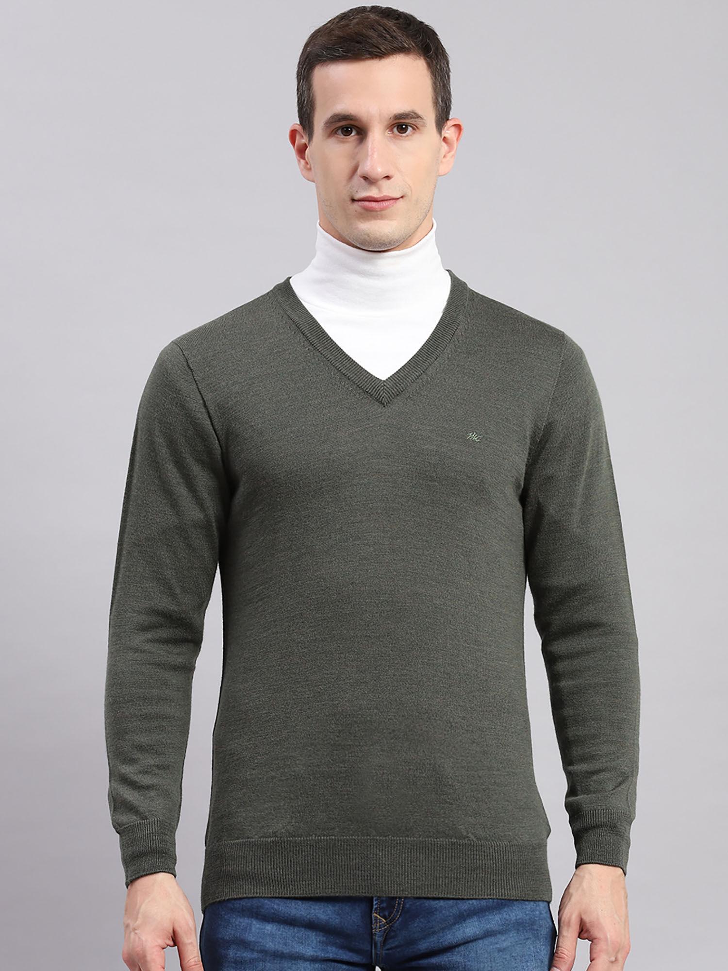 olive-mix-solid-v-neck-sweater