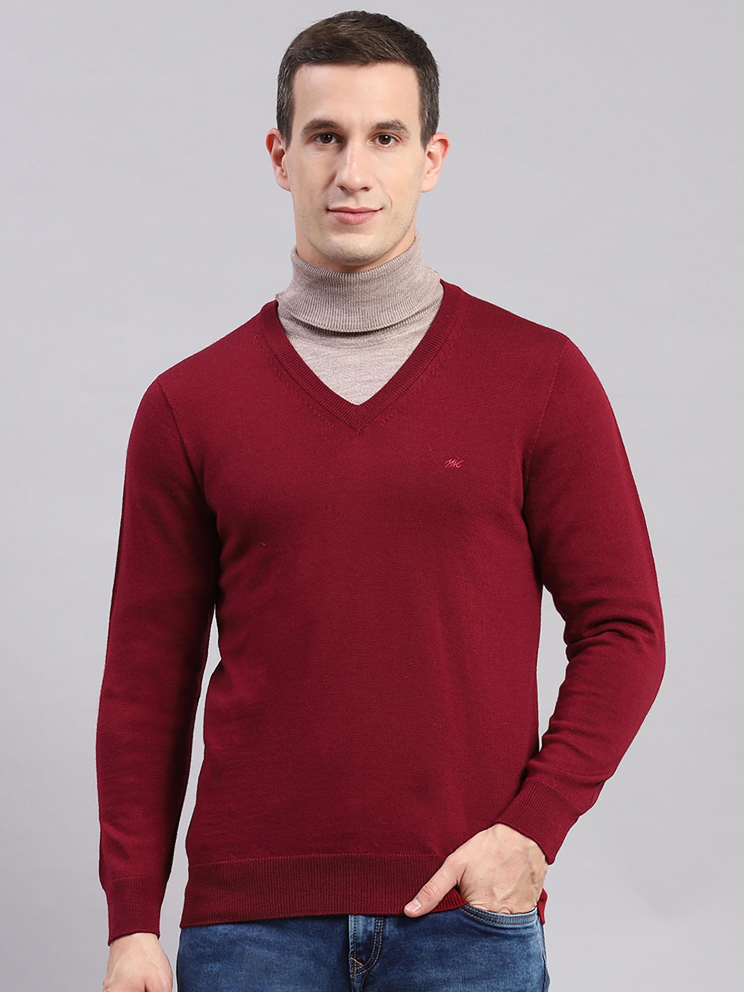 Medium Maroon Solid V Neck Sweater