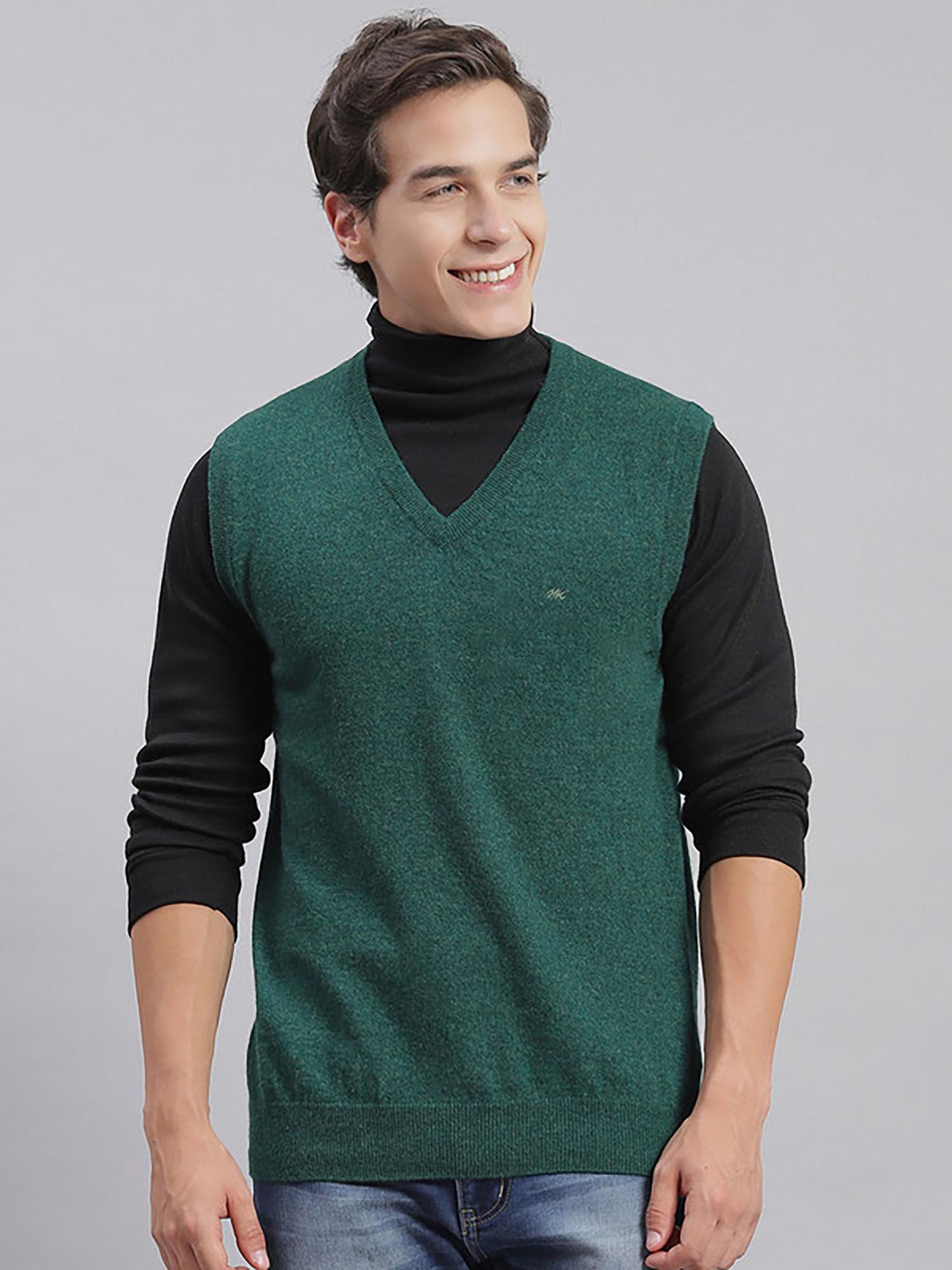 Green Mix Solid V Neck Sweater