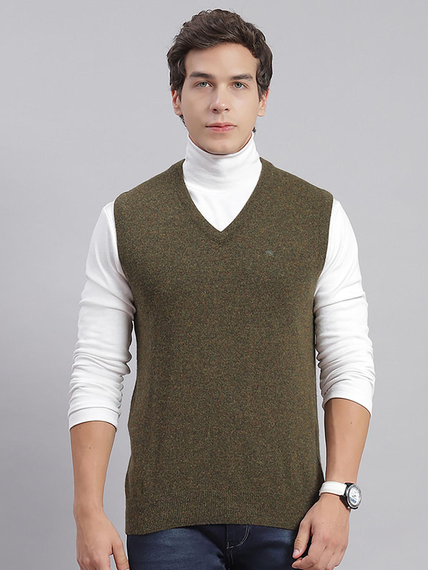 olive-mix-solid-v-neck-sweater