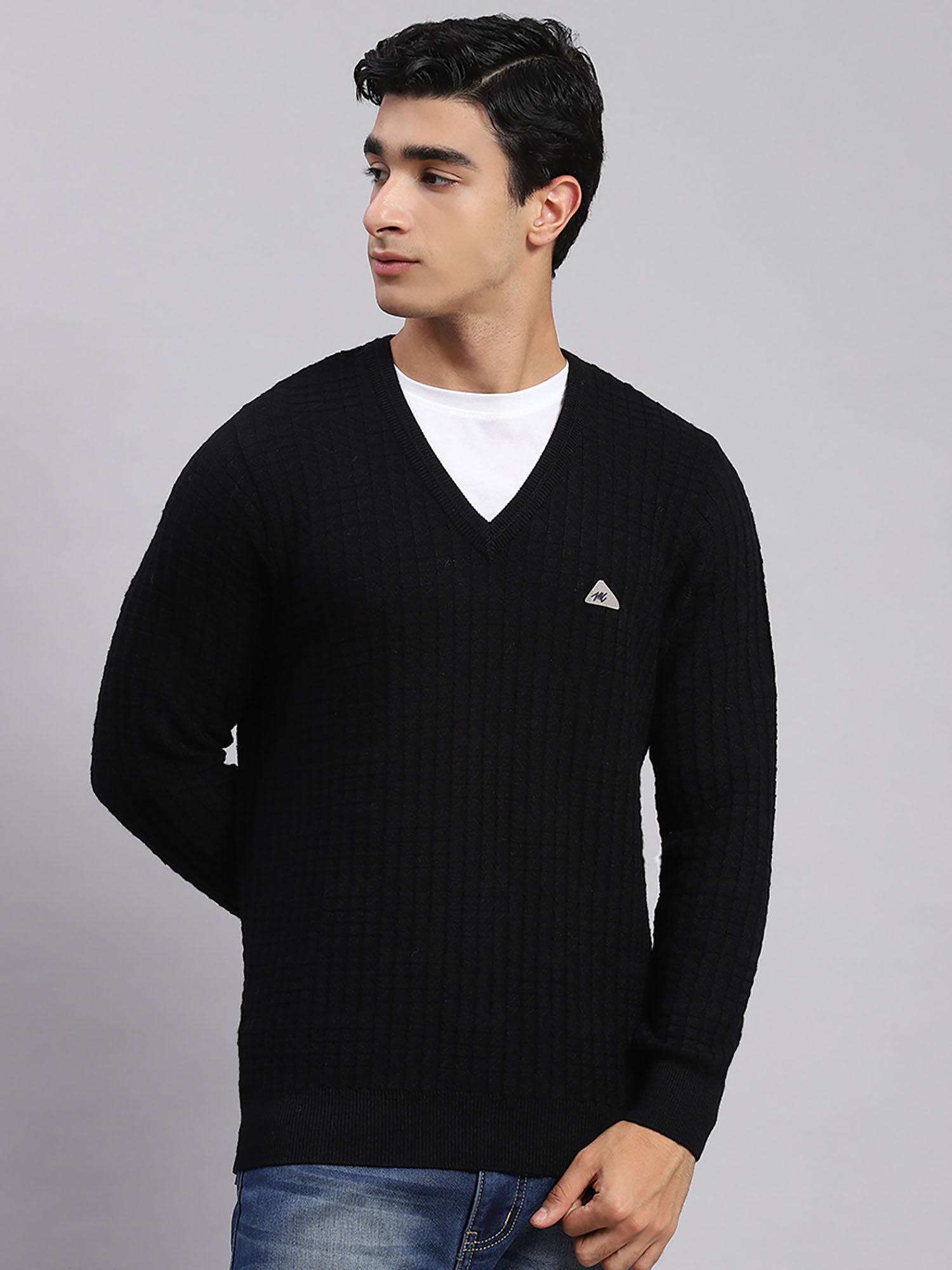 Black Self Design V Neck Sweater