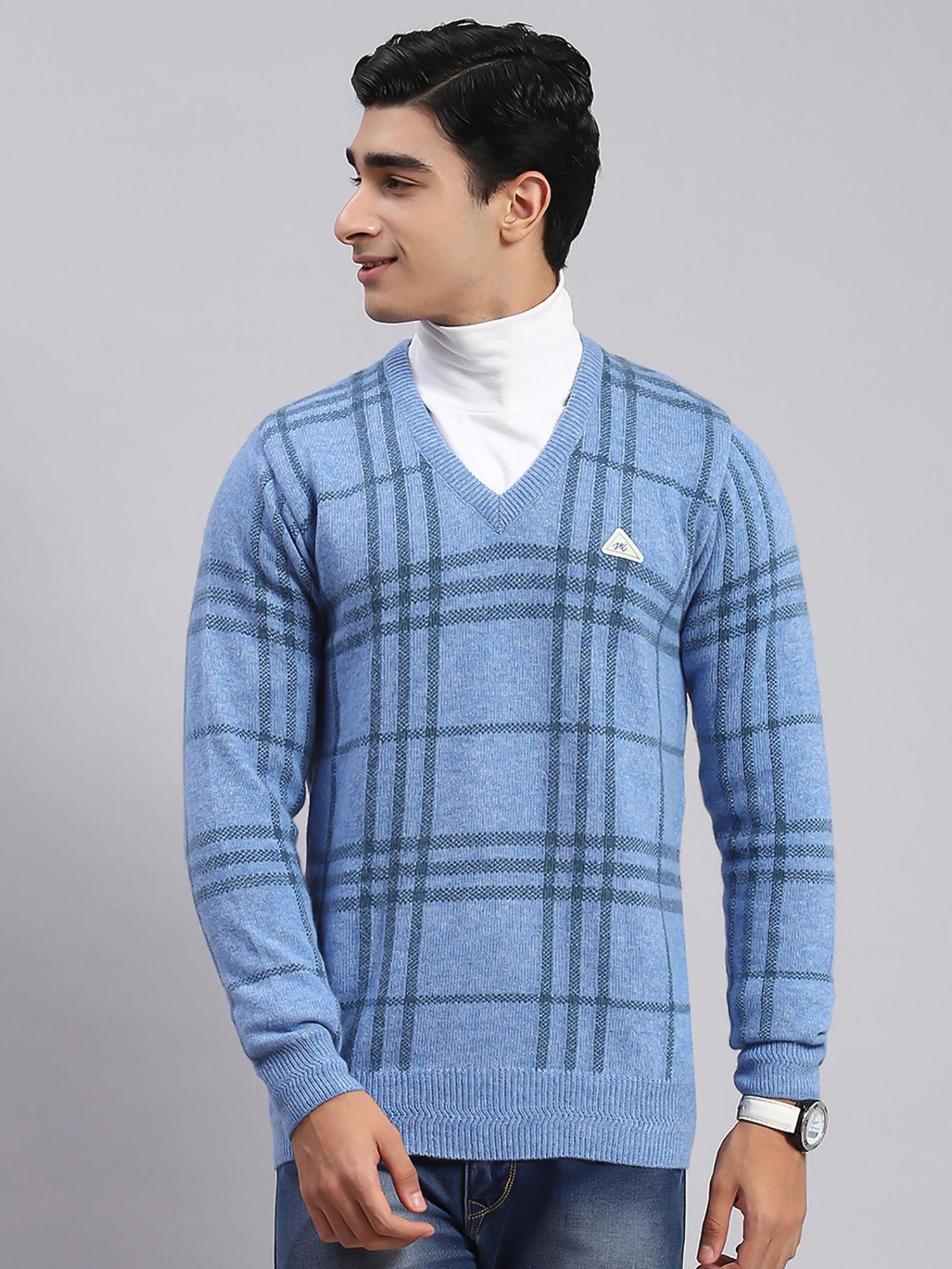 sky-mix-check-v-neck-sweater