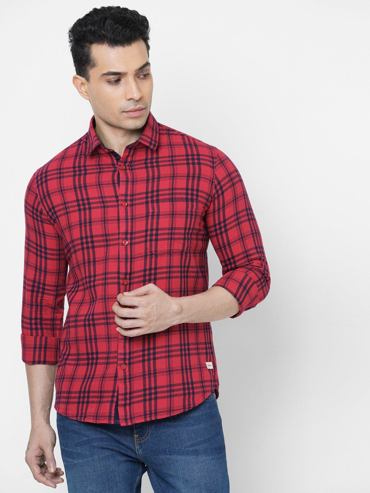 Red Slim Fit Pure Cotton Spread Collar Checks Casual Shirt For Men