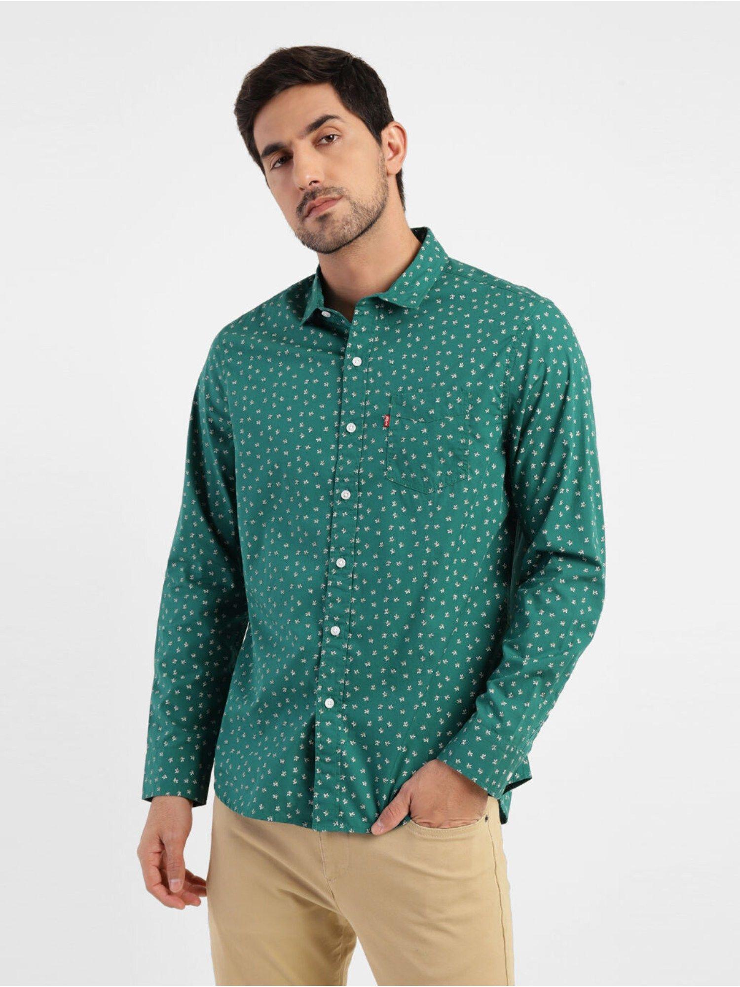 men-printed-green-slim-shirt