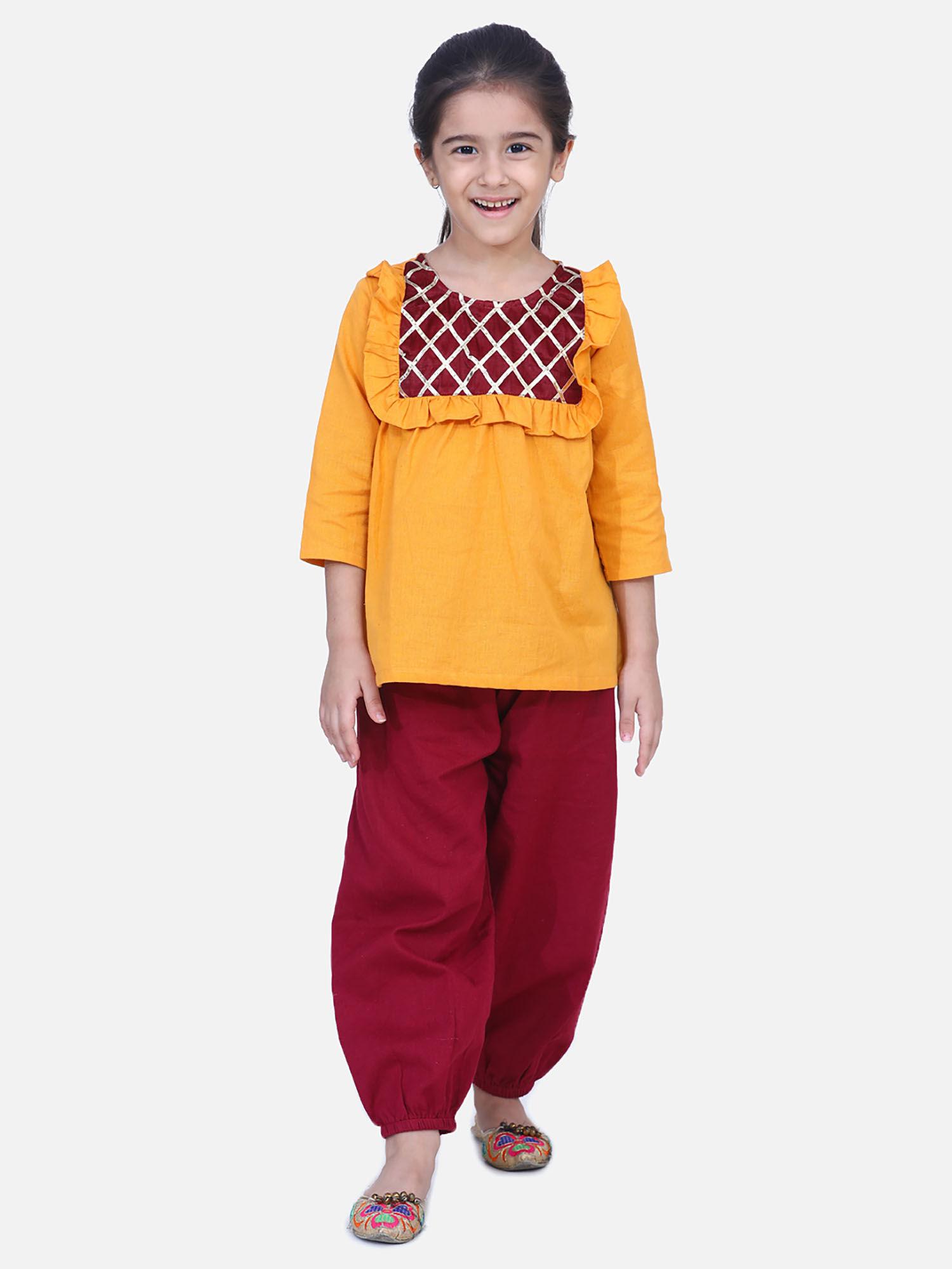 Cotton Full Sleeve Top with Harem Pant Indo Western Clothing Yellow (Set of 2)