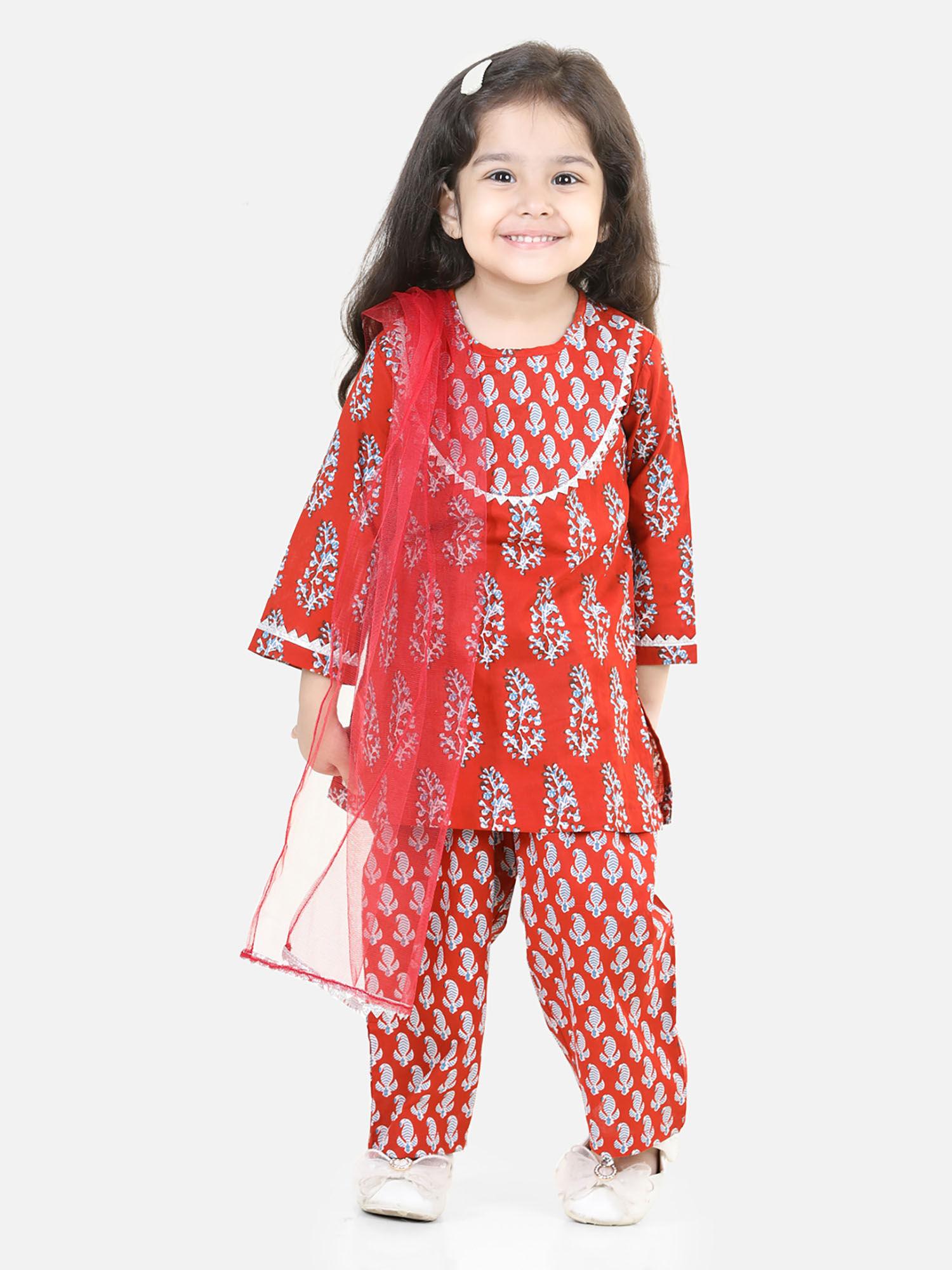 Pure Cotton Kurta with Pant & Dupatta for Girls Maroon (Set of 3)