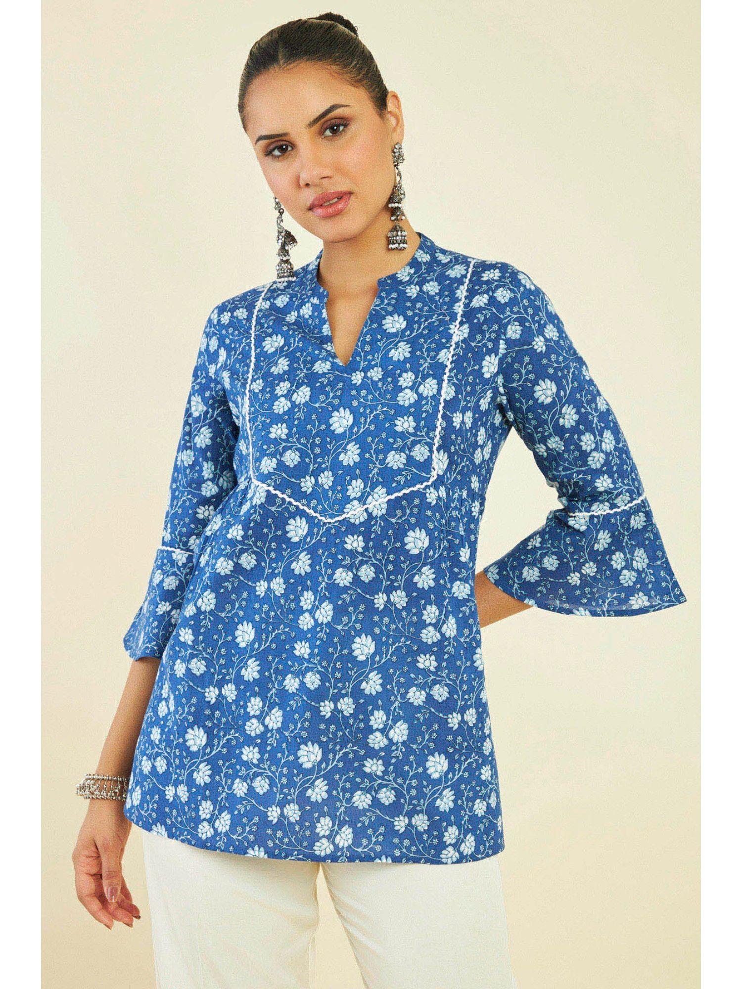 Women Blue Cotton Floral Tunic