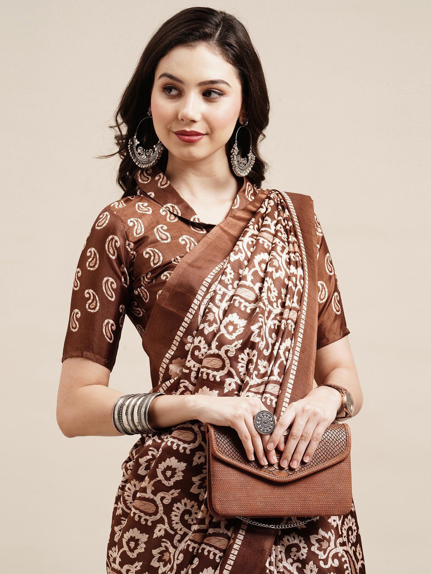 Brown Casual Dola Silk Printed Saree with Unstitched Blouse with Unstitched